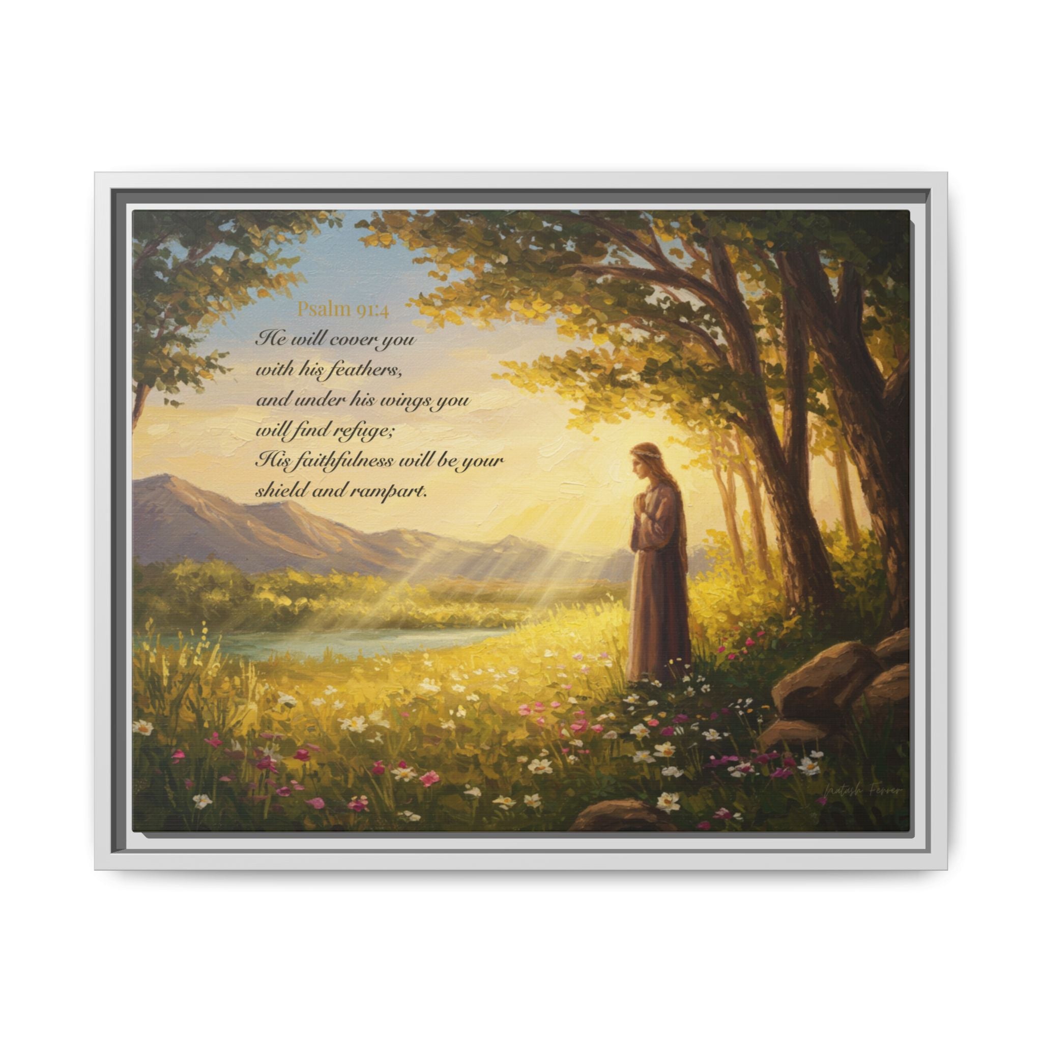 Framed Psalm 91:4 Wall Art, Inspirational Christian Canvas Print, Serenity Home Decor, Religious Gift Idea