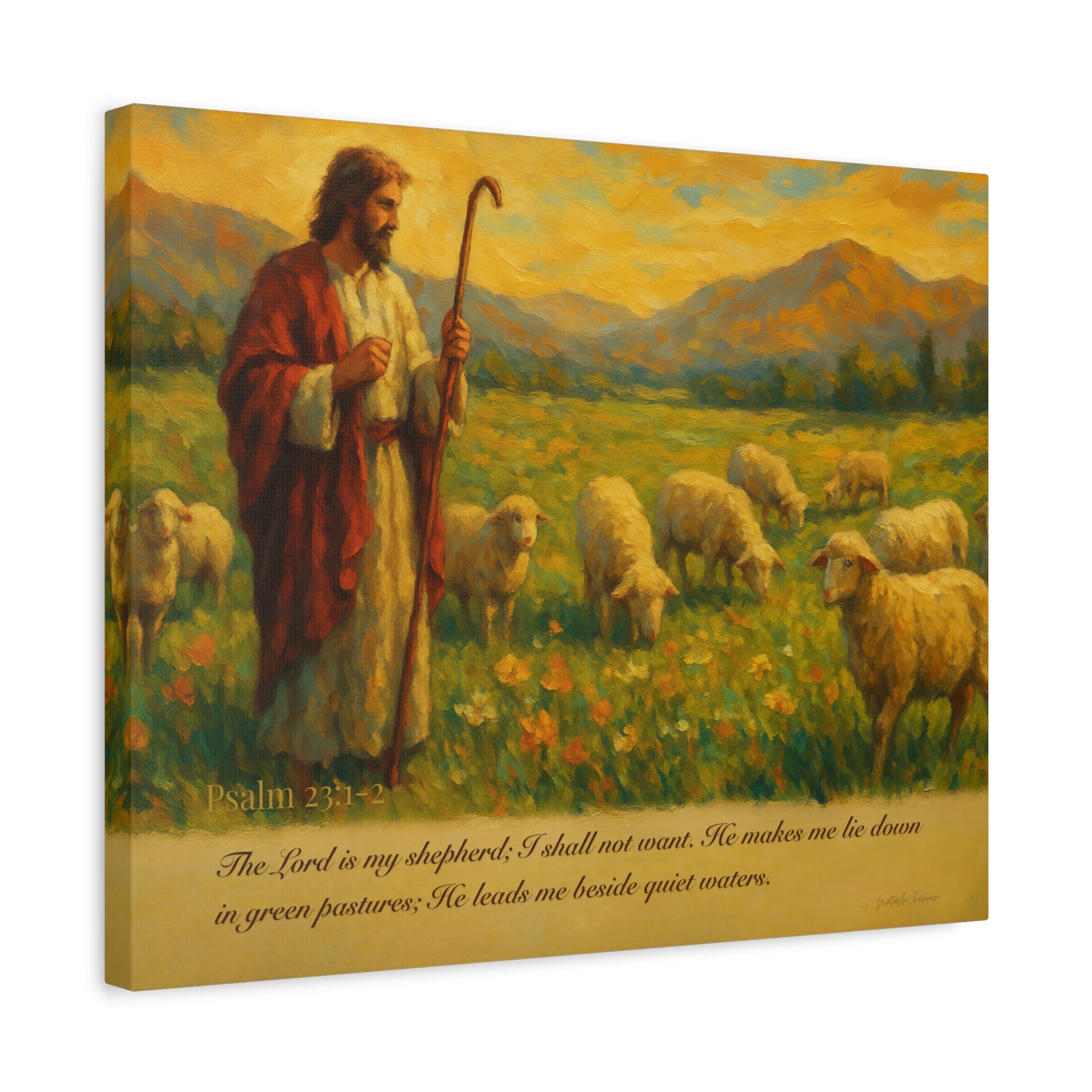Psalm 23 Matte Canvas Art, Stretched Wall Decor for Home, Inspirational Christian Artwork, Shepherd Painting, Faith-Based Gift