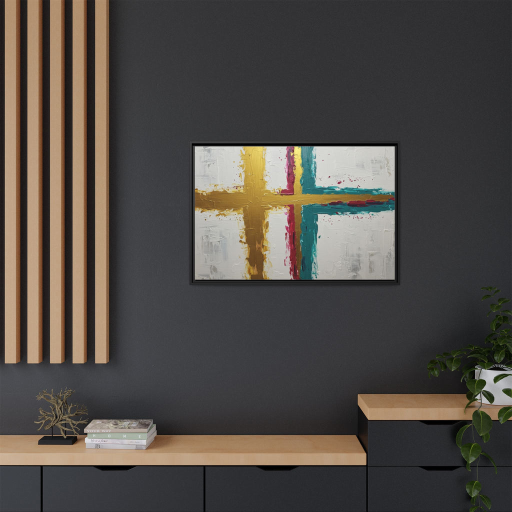 Golden Harmony – Modern Abstract Cross Canvas, Faith-Inspired Christian Wall Art, Contemporary Home Decor, Framed Matte Canvas Art , Unique Gift for Faith Lovers.