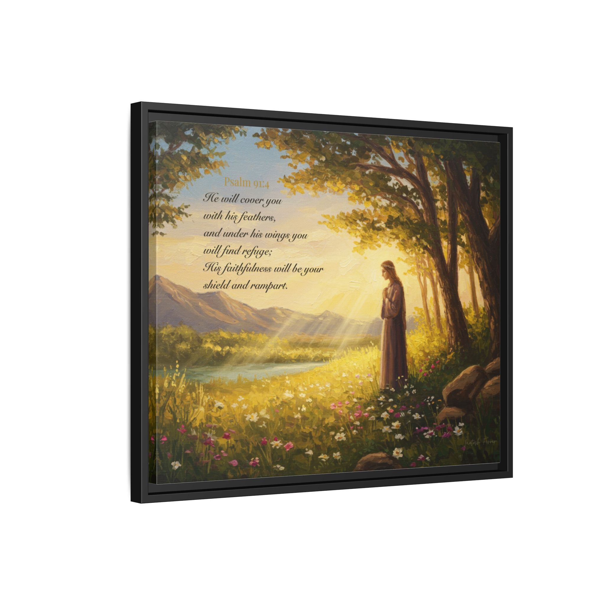 Framed Psalm 91:4 Wall Art, Inspirational Christian Canvas Print, Serenity Home Decor, Religious Gift Idea