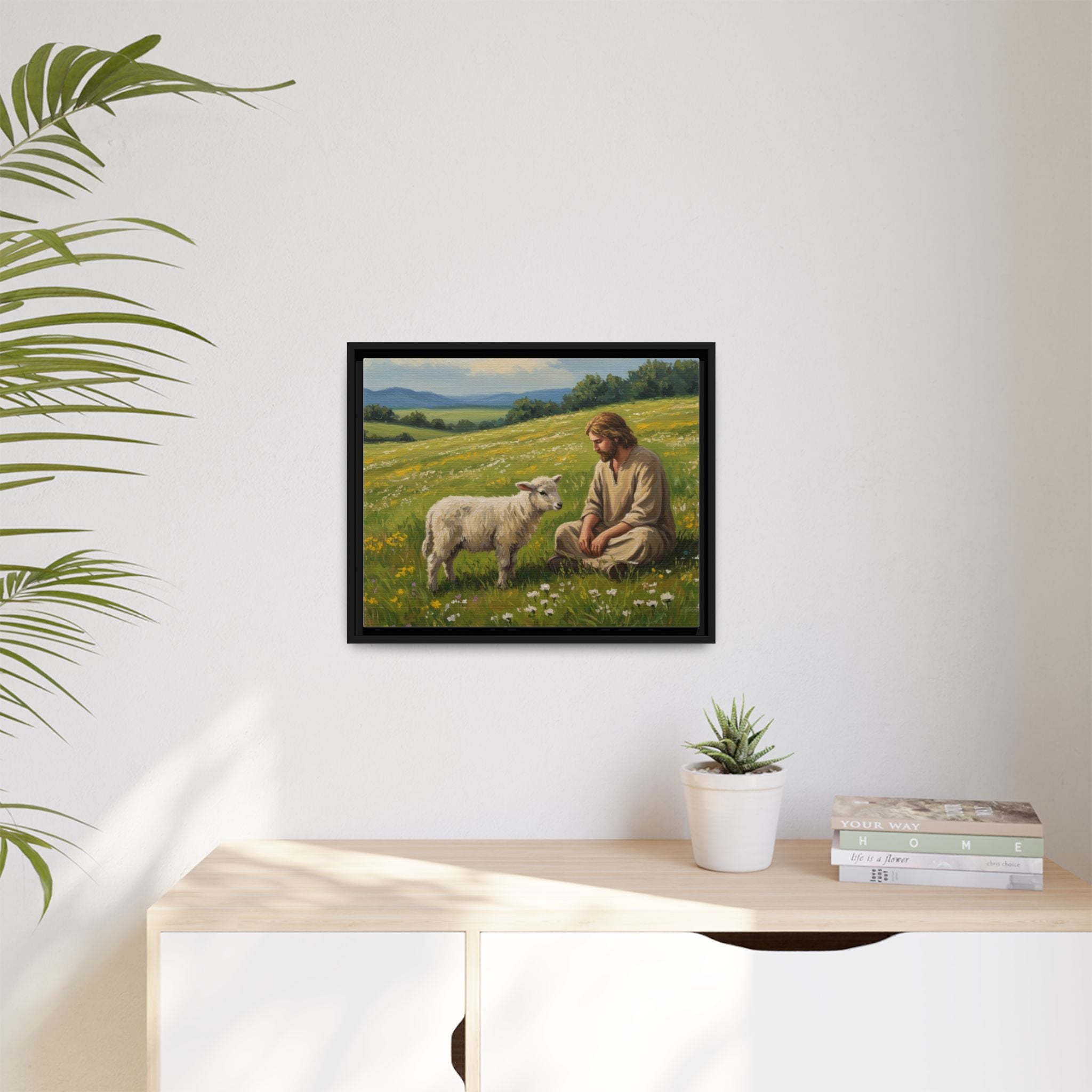Framed Inspirational Canvas Art, Multi-color Jesus and Lamb Wall Decor, Faith-based Home Decoration, Scripture Wall Art, Christian Gift