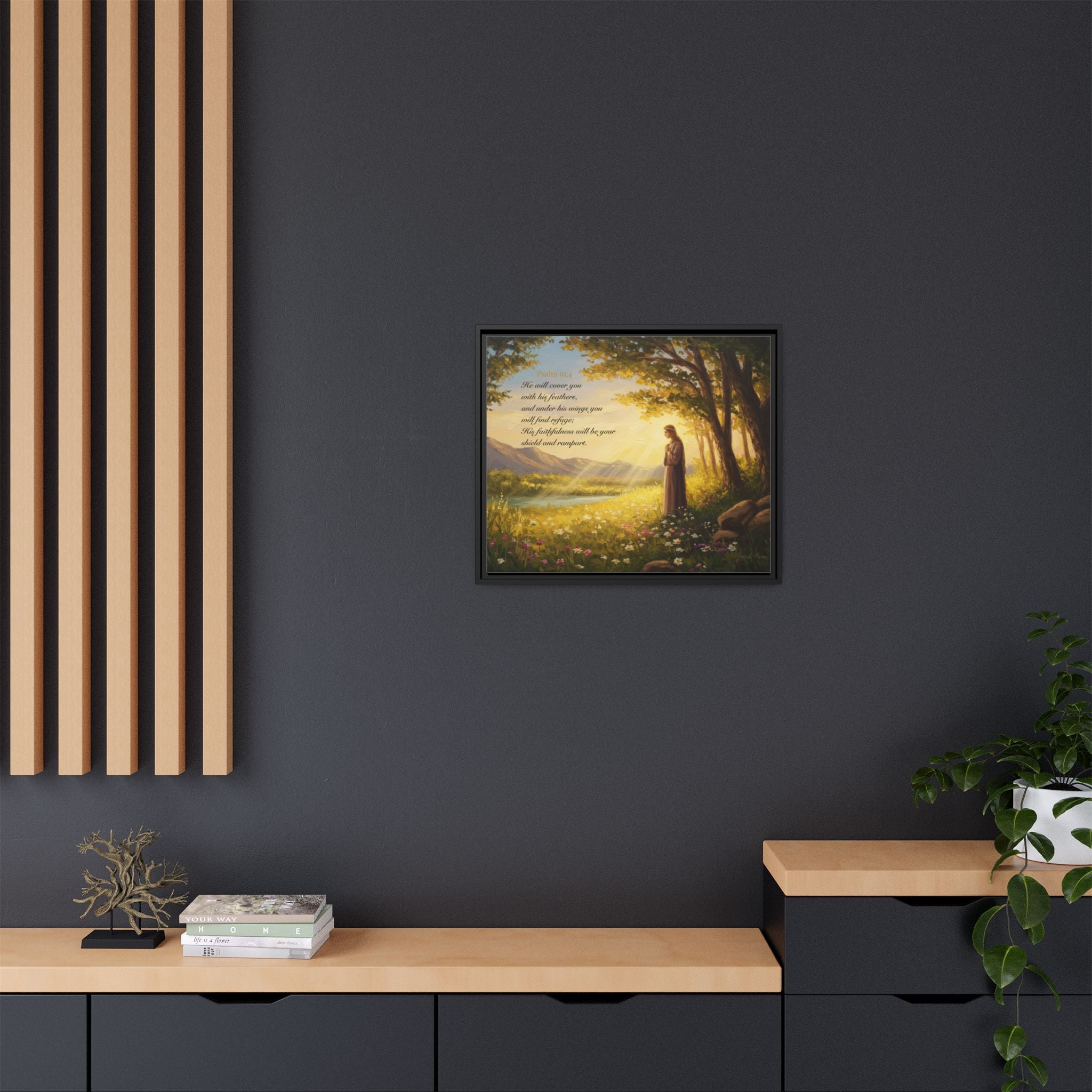 Framed Psalm 91:4 Wall Art, Inspirational Christian Canvas Print, Serenity Home Decor, Religious Gift Idea
