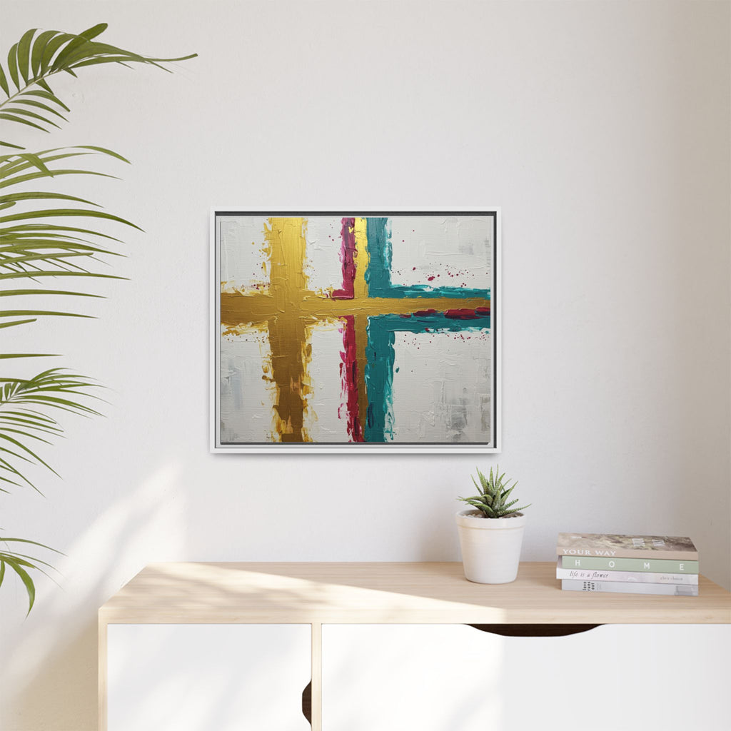 Golden Harmony – Modern Abstract Cross Canvas, Faith-Inspired Christian Wall Art, Contemporary Home Decor, Framed Matte Canvas Art , Unique Gift for Faith Lovers.
