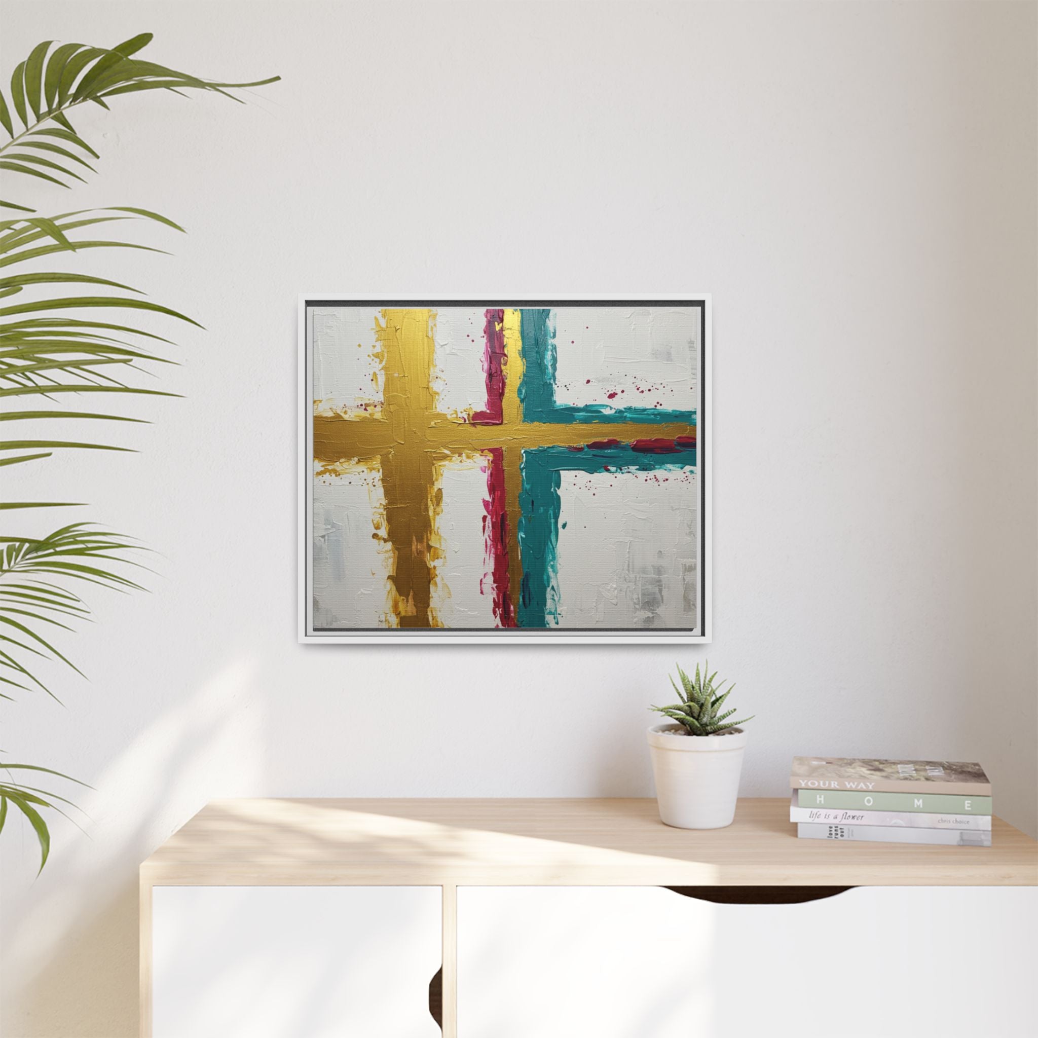 Golden Harmony – Modern Abstract Cross Canvas, Faith-Inspired Christian Wall Art, Contemporary Home Decor, Framed Matte Canvas Art , Unique Gift for Faith Lovers.
