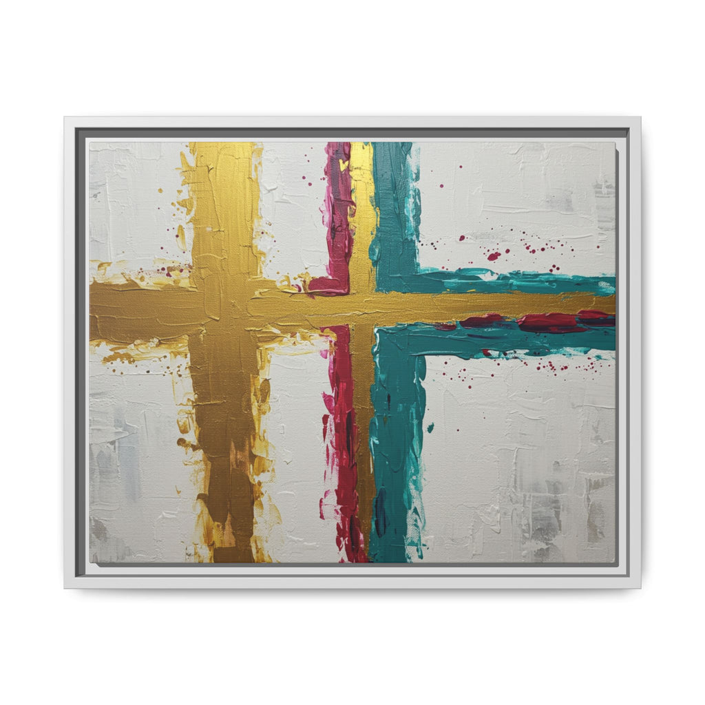 Golden Harmony – Modern Abstract Cross Canvas, Faith-Inspired Christian Wall Art, Contemporary Home Decor, Framed Matte Canvas Art , Unique Gift for Faith Lovers.