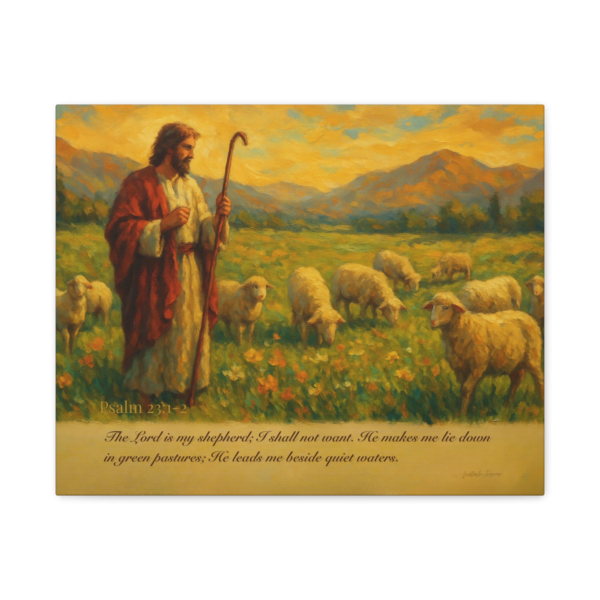 Psalm 23 Matte Canvas Art, Stretched Wall Decor for Home, Inspirational Christian Artwork, Shepherd Painting, Faith-Based Gift