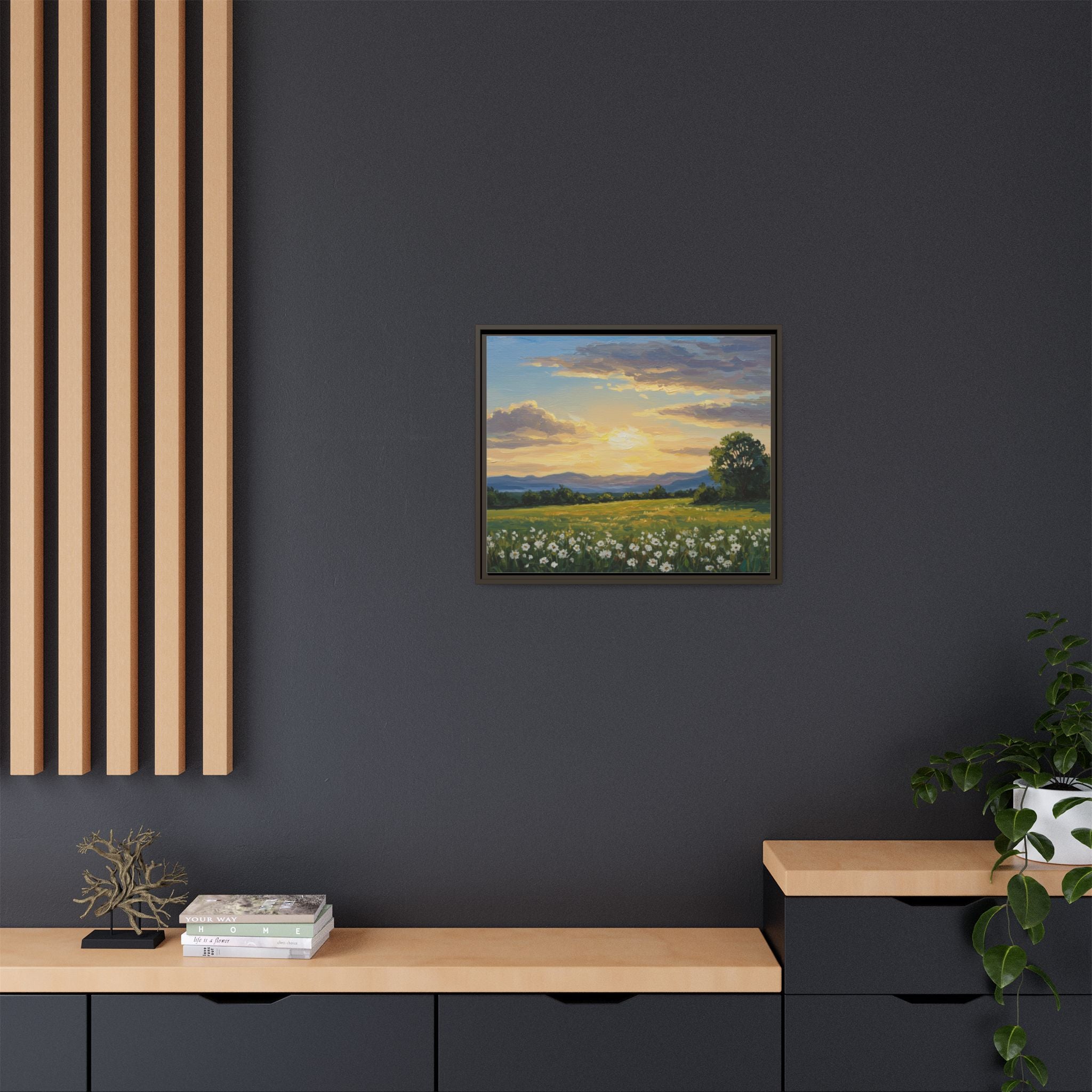 Framed Art Print, Landscape Wall Decor, Nature Artwork, Gift for Home, Floral Canvas, Sunset Scene, Living Room Decor