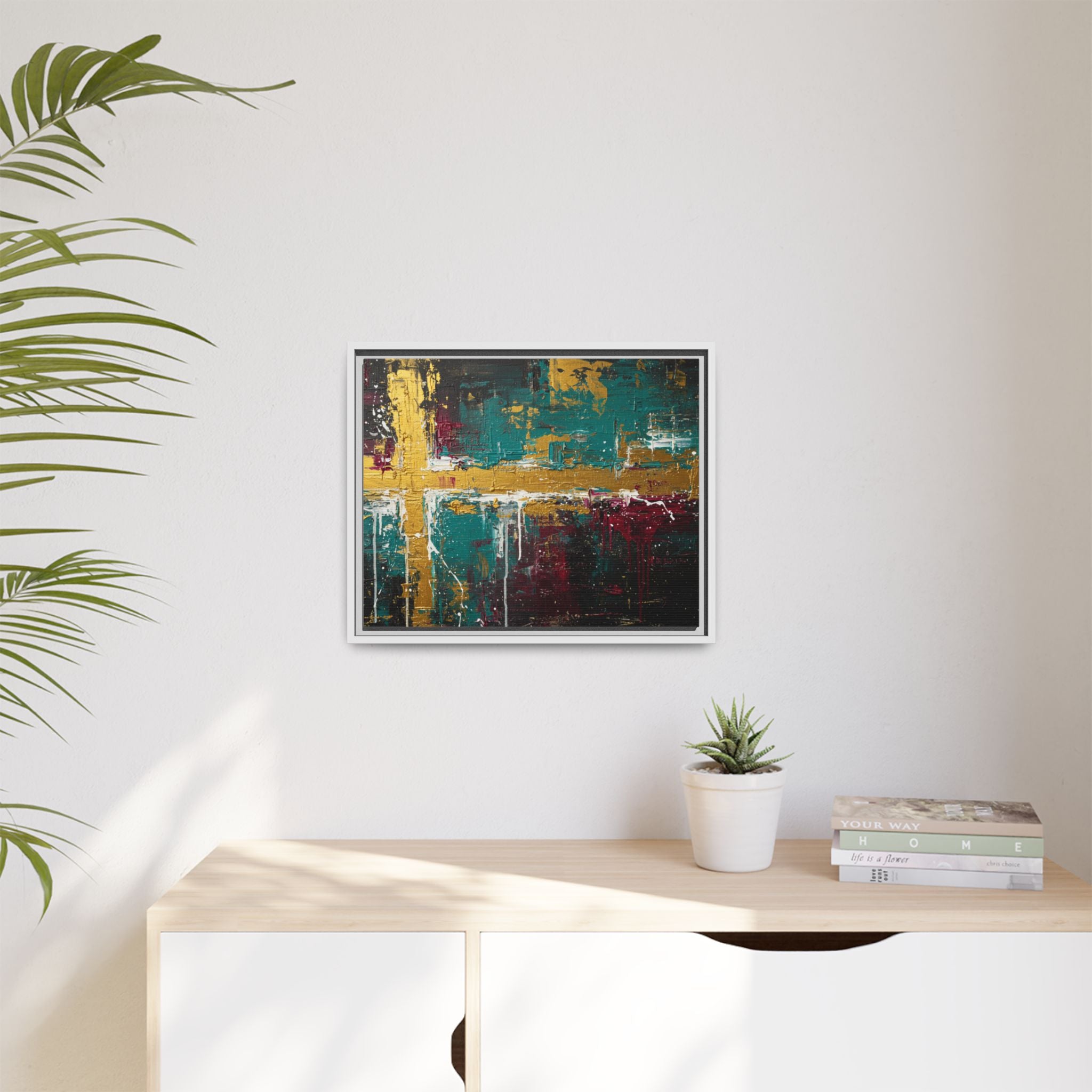 Cross of Light – Modern Christian Wall Art, Abstract Gold Cross Canvas, Faith-Inspired Home Decor, Matte Canvas, Framed (Multi-color)