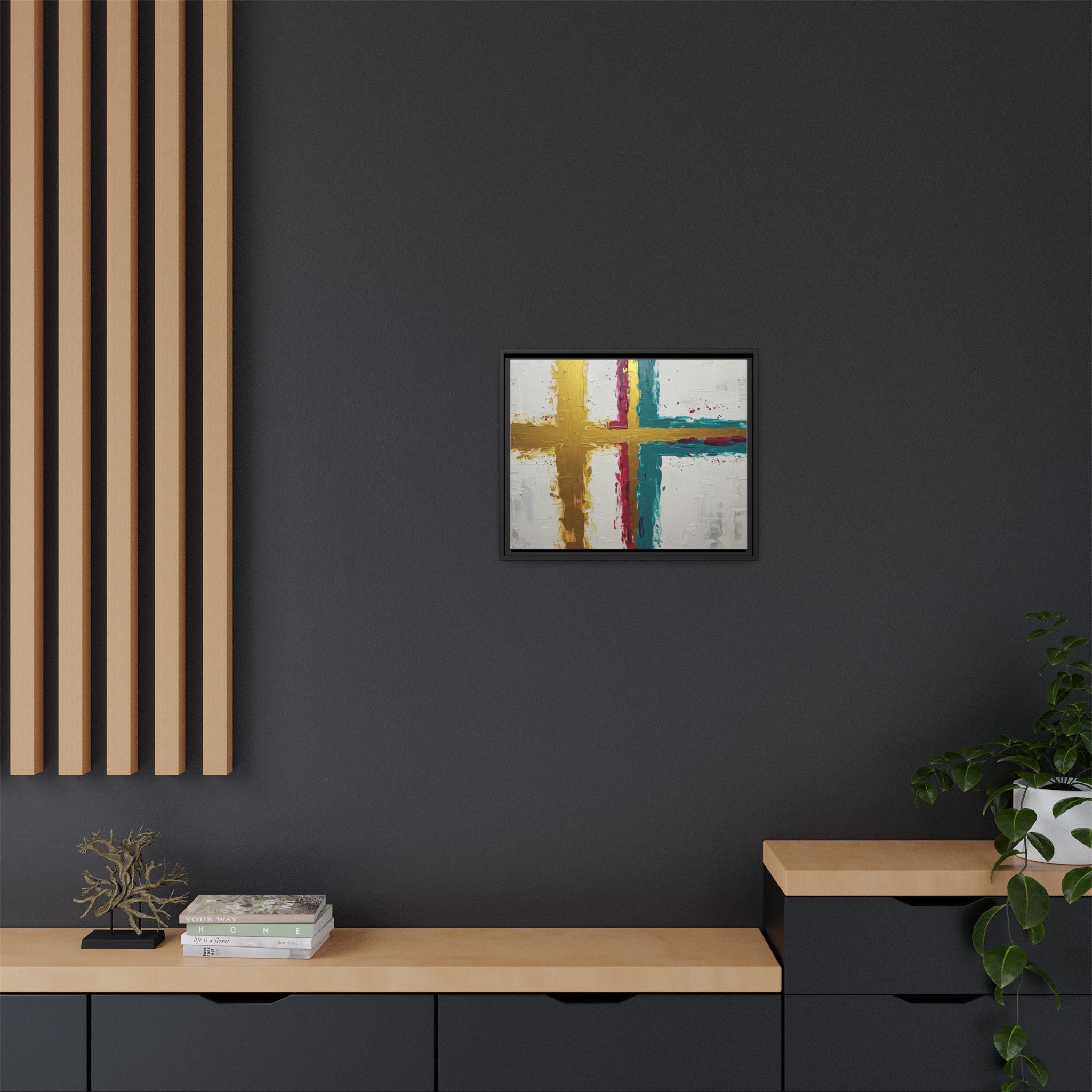 Golden Harmony – Modern Abstract Cross Canvas, Faith-Inspired Christian Wall Art, Contemporary Home Decor, Framed Matte Canvas Art , Unique Gift for Faith Lovers.