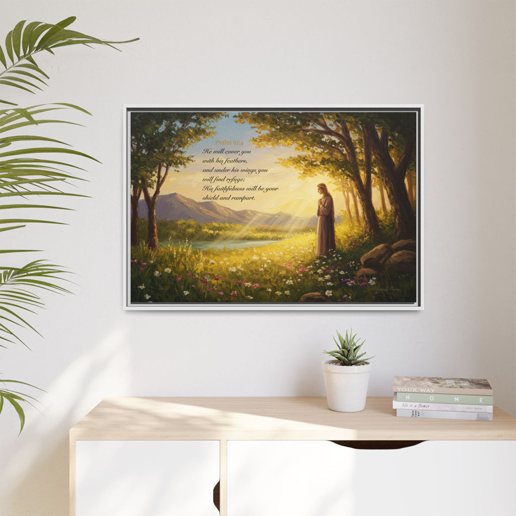 Framed Psalm 91:4 Wall Art, Inspirational Christian Canvas Print, Serenity Home Decor, Religious Gift Idea