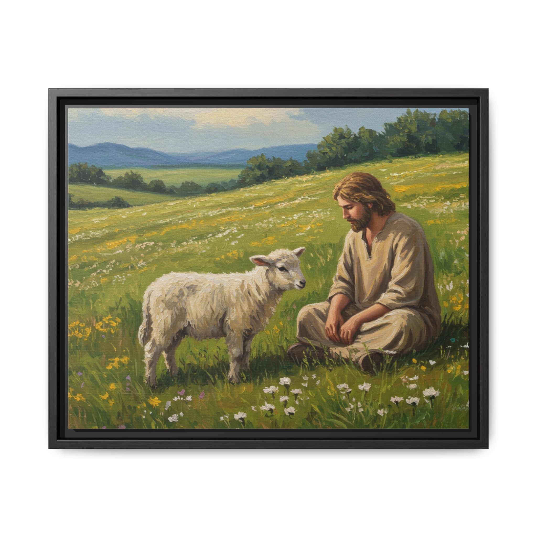 Framed Inspirational Canvas Art, Multi-color Jesus and Lamb Wall Decor, Faith-based Home Decoration, Scripture Wall Art, Christian Gift