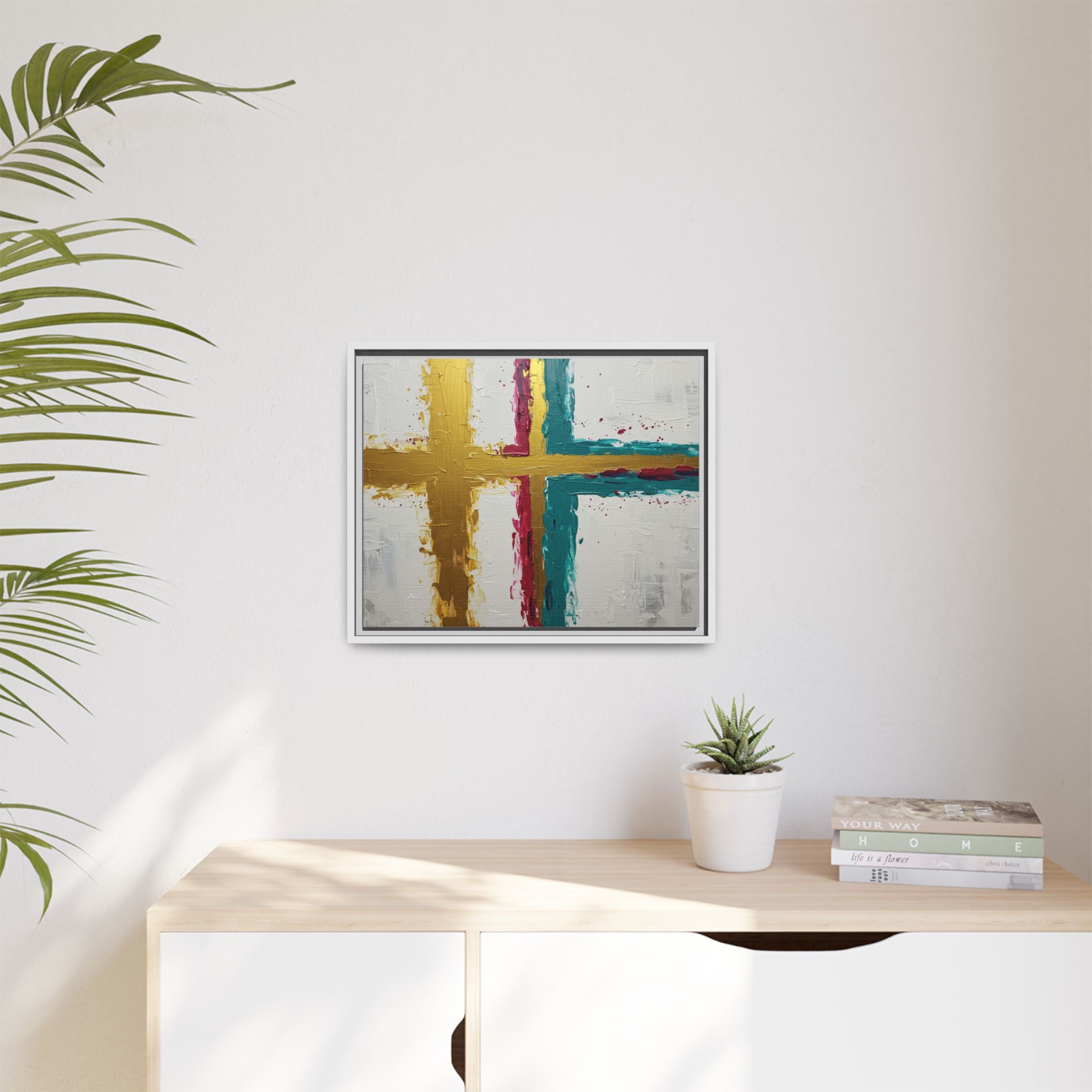 Golden Harmony – Modern Abstract Cross Canvas, Faith-Inspired Christian Wall Art, Contemporary Home Decor, Framed Matte Canvas Art , Unique Gift for Faith Lovers.