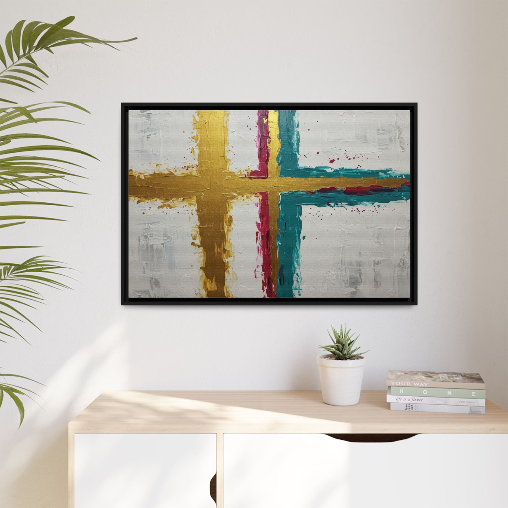 Golden Harmony – Modern Abstract Cross Canvas, Faith-Inspired Christian Wall Art, Contemporary Home Decor, Framed Matte Canvas Art , Unique Gift for Faith Lovers.