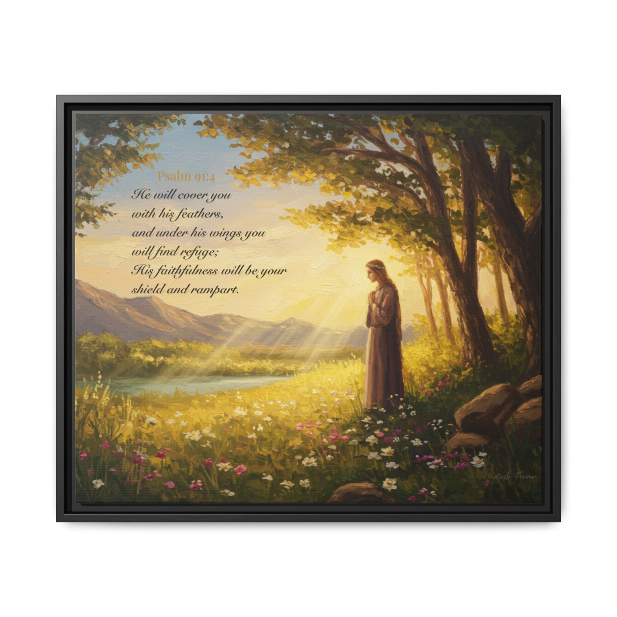 Framed Psalm 91:4 Wall Art, Inspirational Christian Canvas Print, Serenity Home Decor, Religious Gift Idea
