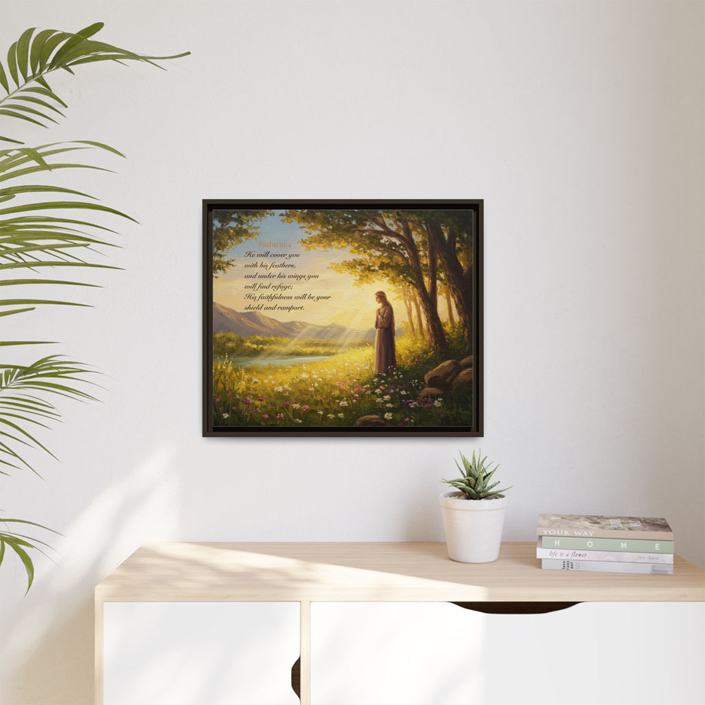 Framed Psalm 91:4 Wall Art, Inspirational Christian Canvas Print, Serenity Home Decor, Religious Gift Idea