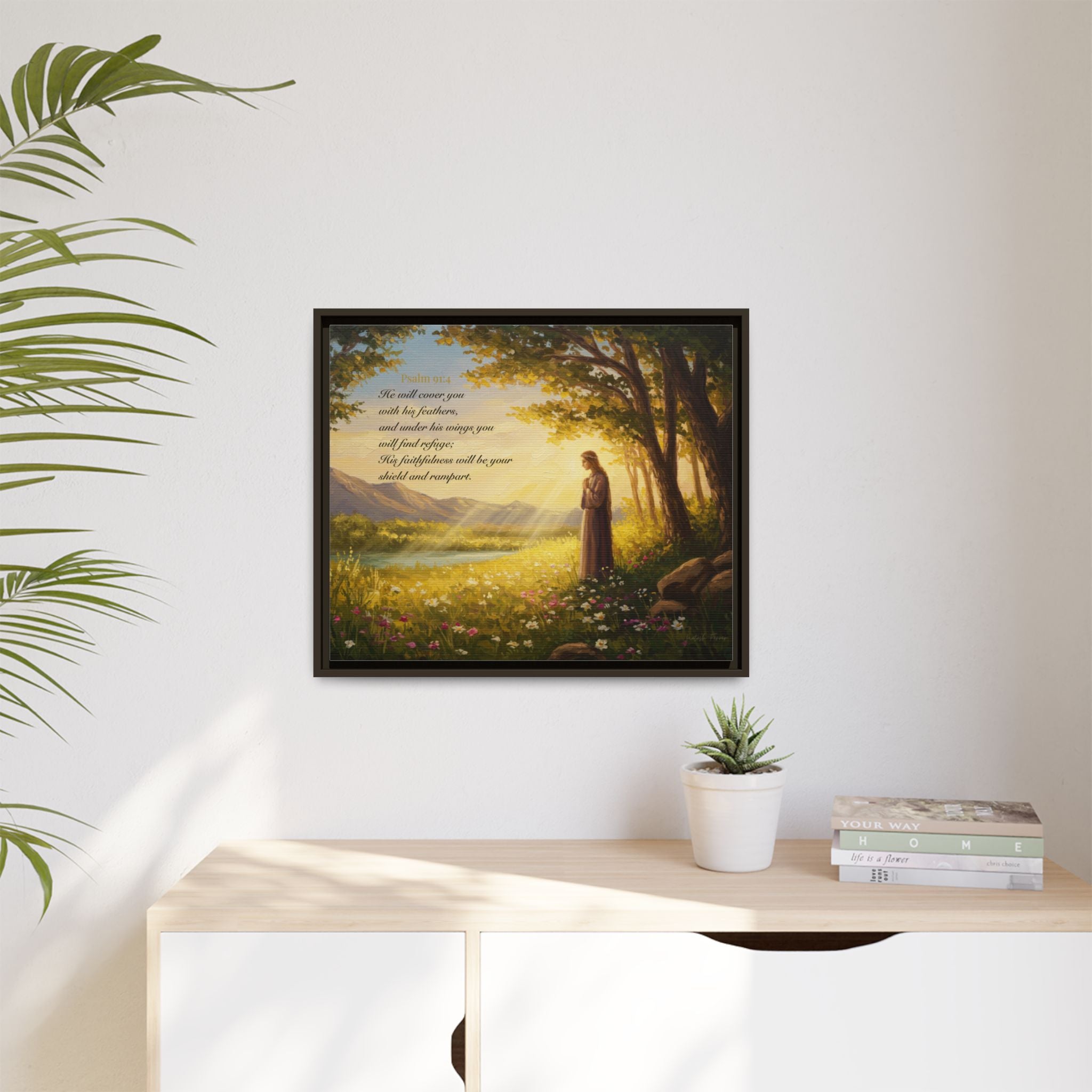 Framed Psalm 91:4 Wall Art, Inspirational Christian Canvas Print, Serenity Home Decor, Religious Gift Idea