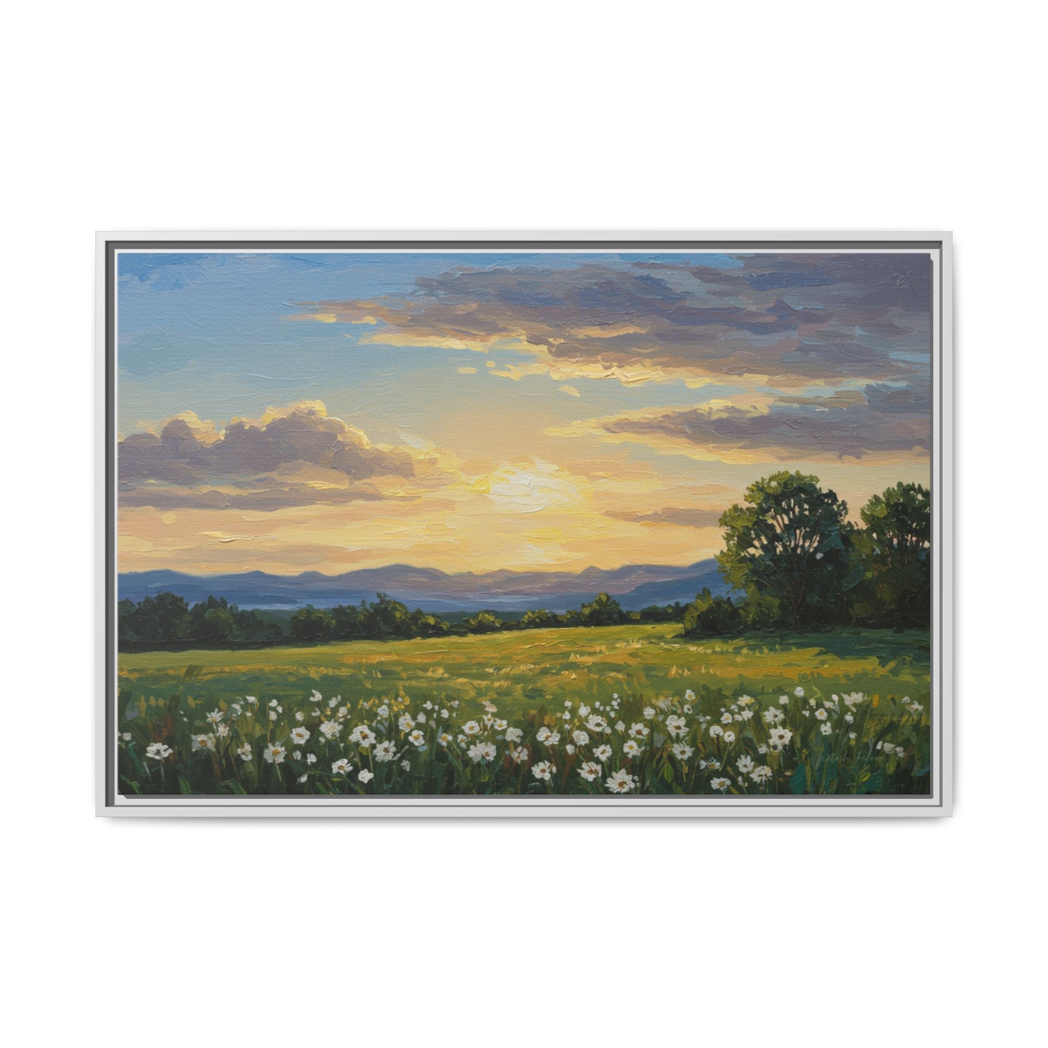Framed Art Print, Landscape Wall Decor, Nature Artwork, Gift for Home, Floral Canvas, Sunset Scene, Living Room Decor