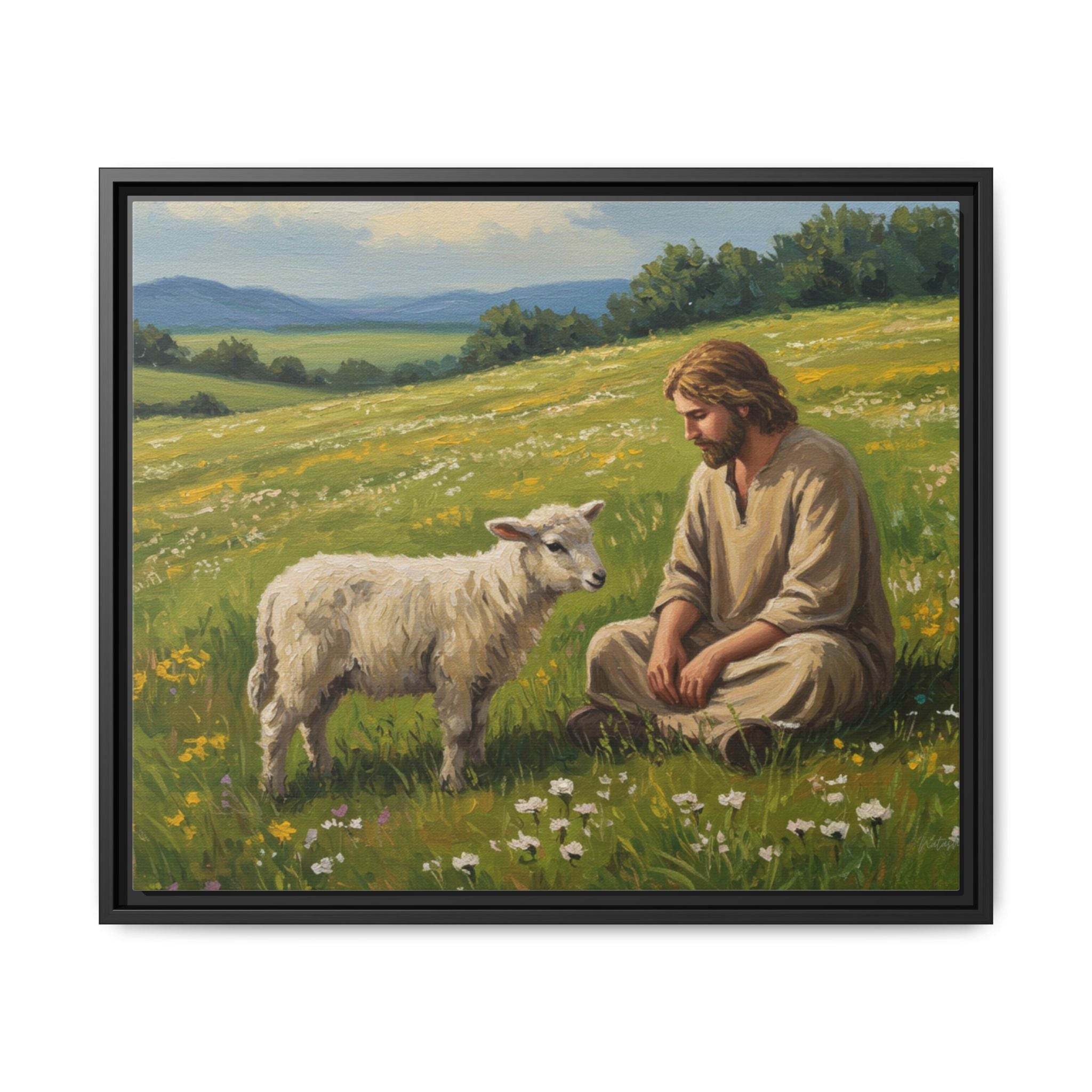 Framed Inspirational Canvas Art, Multi-color Jesus and Lamb Wall Decor, Faith-based Home Decoration, Scripture Wall Art, Christian Gift