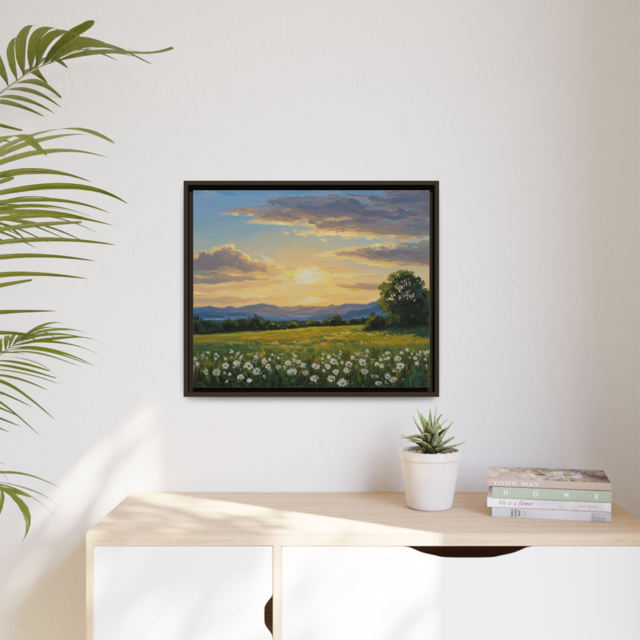 Framed Art Print, Landscape Wall Decor, Nature Artwork, Gift for Home, Floral Canvas, Sunset Scene, Living Room Decor