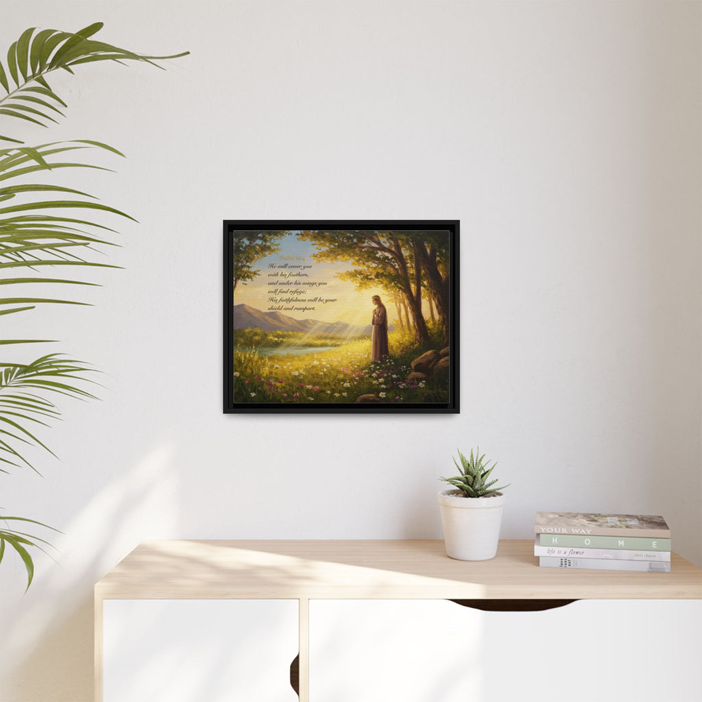 Framed Psalm 91:4 Wall Art, Inspirational Christian Canvas Print, Serenity Home Decor, Religious Gift Idea