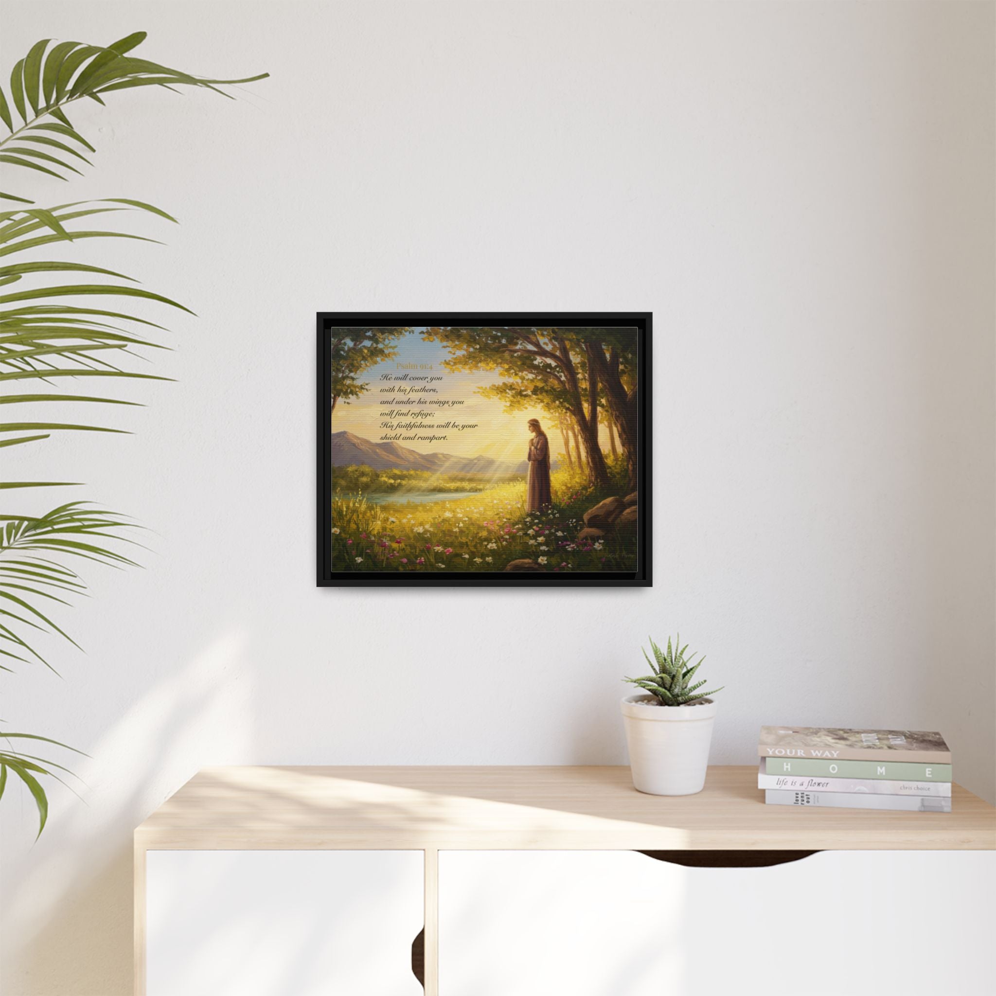 Framed Psalm 91:4 Wall Art, Inspirational Christian Canvas Print, Serenity Home Decor, Religious Gift Idea