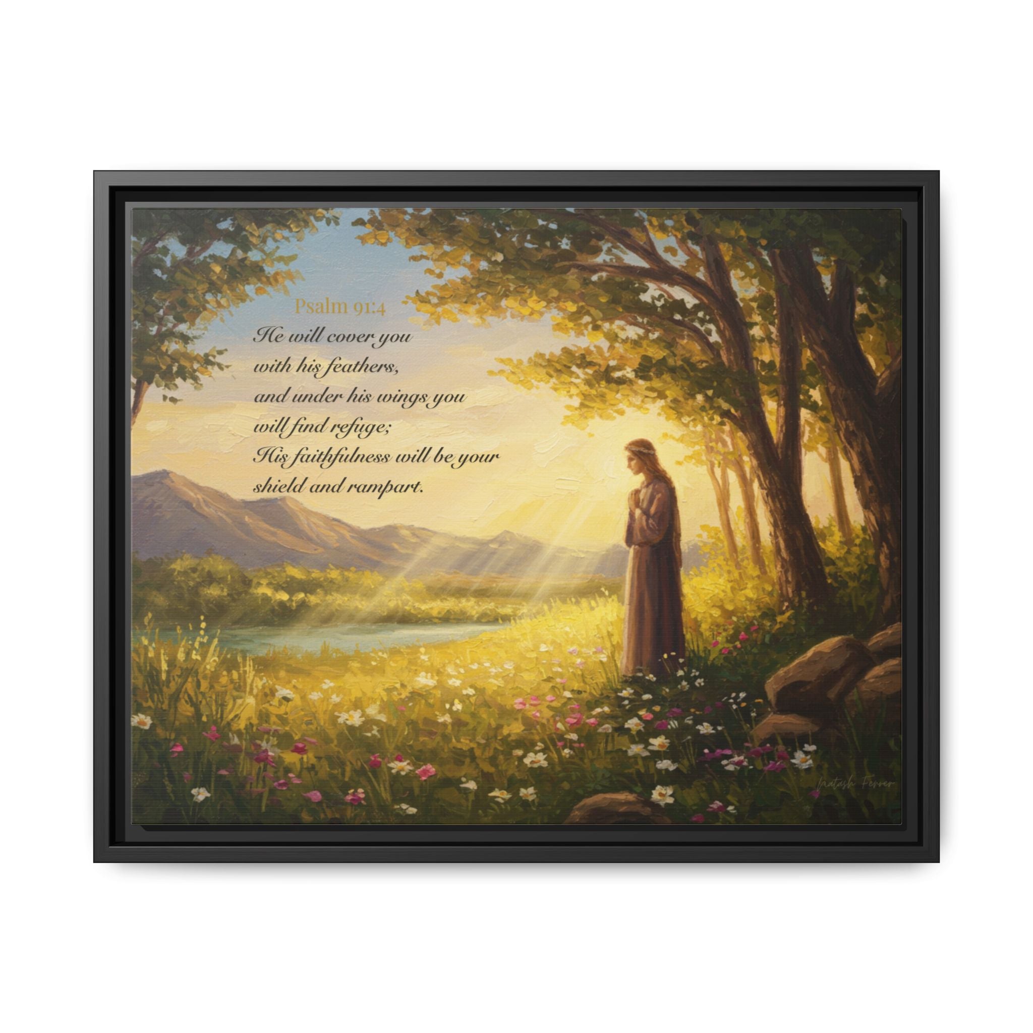 Framed Psalm 91:4 Wall Art, Inspirational Christian Canvas Print, Serenity Home Decor, Religious Gift Idea