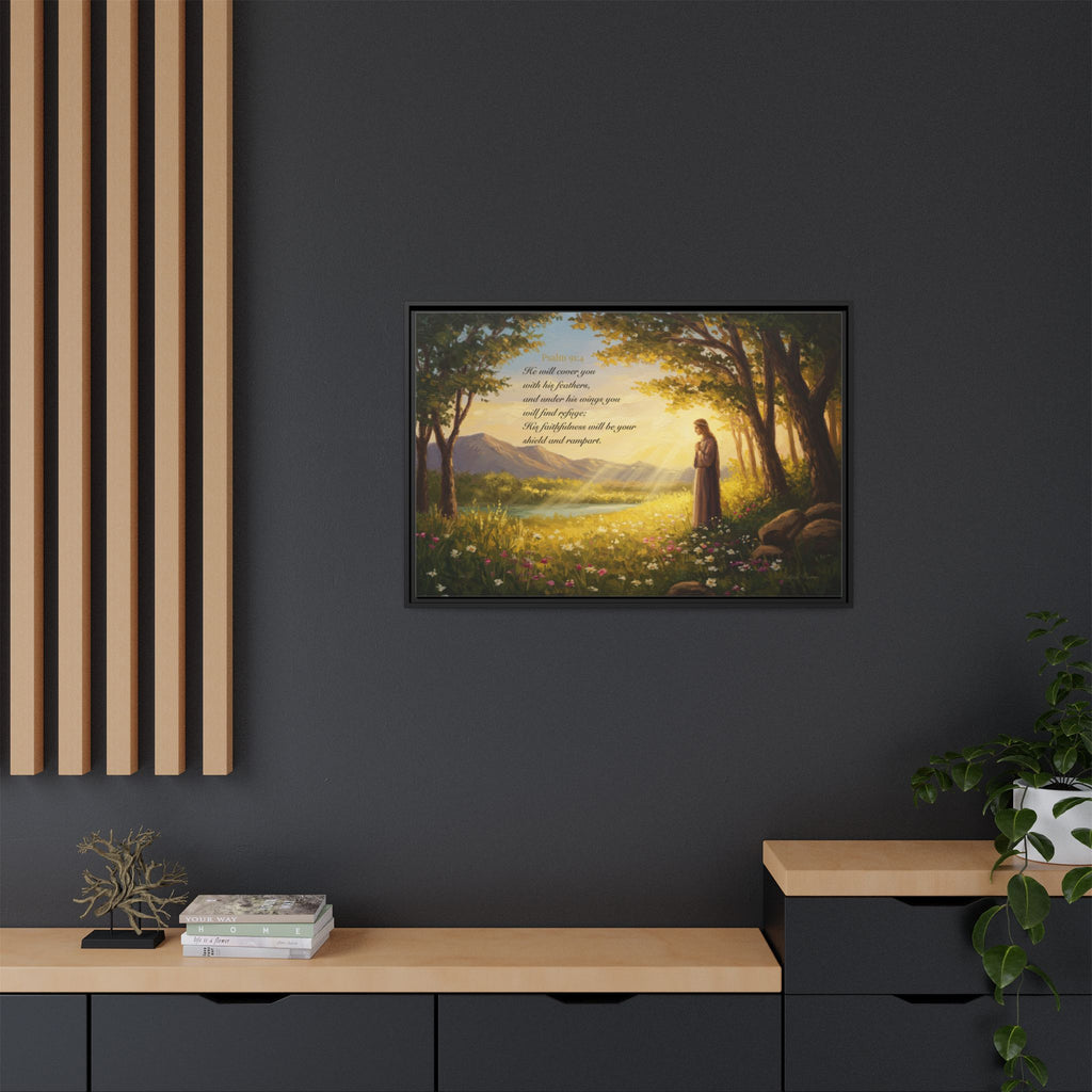 Framed Psalm 91:4 Wall Art, Inspirational Christian Canvas Print, Serenity Home Decor, Religious Gift Idea