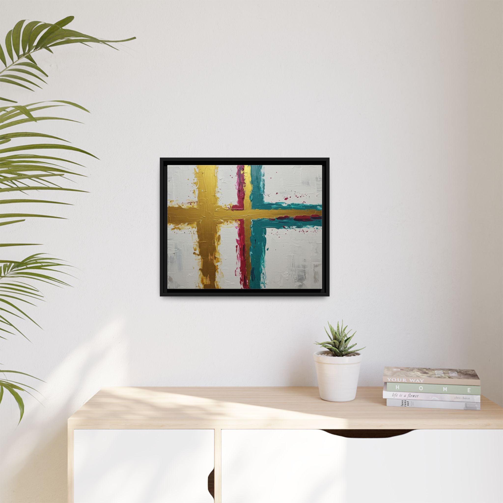 Golden Harmony – Modern Abstract Cross Canvas, Faith-Inspired Christian Wall Art, Contemporary Home Decor, Framed Matte Canvas Art , Unique Gift for Faith Lovers.