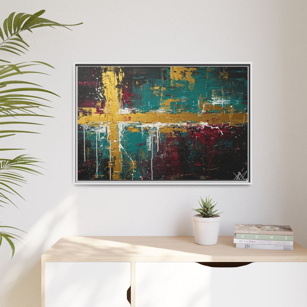 Cross of Light – Modern Christian Wall Art, Abstract Gold Cross Canvas, Faith-Inspired Home Decor, Matte Canvas, Framed (Multi-color)