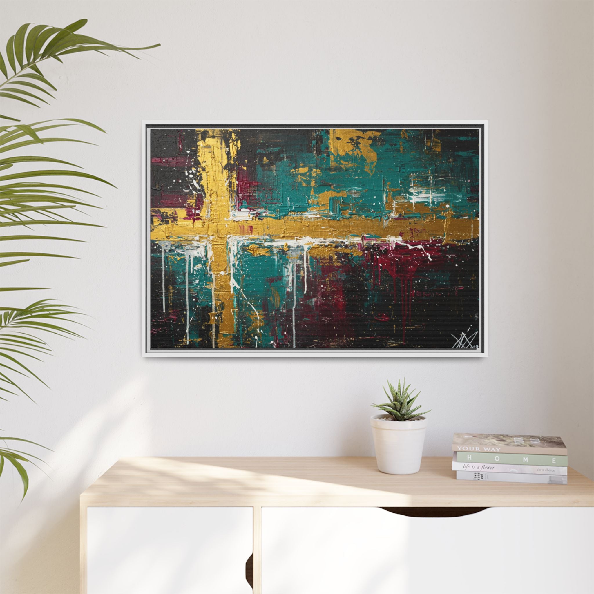 Cross of Light – Modern Christian Wall Art, Abstract Gold Cross Canvas, Faith-Inspired Home Decor, Matte Canvas, Framed (Multi-color)