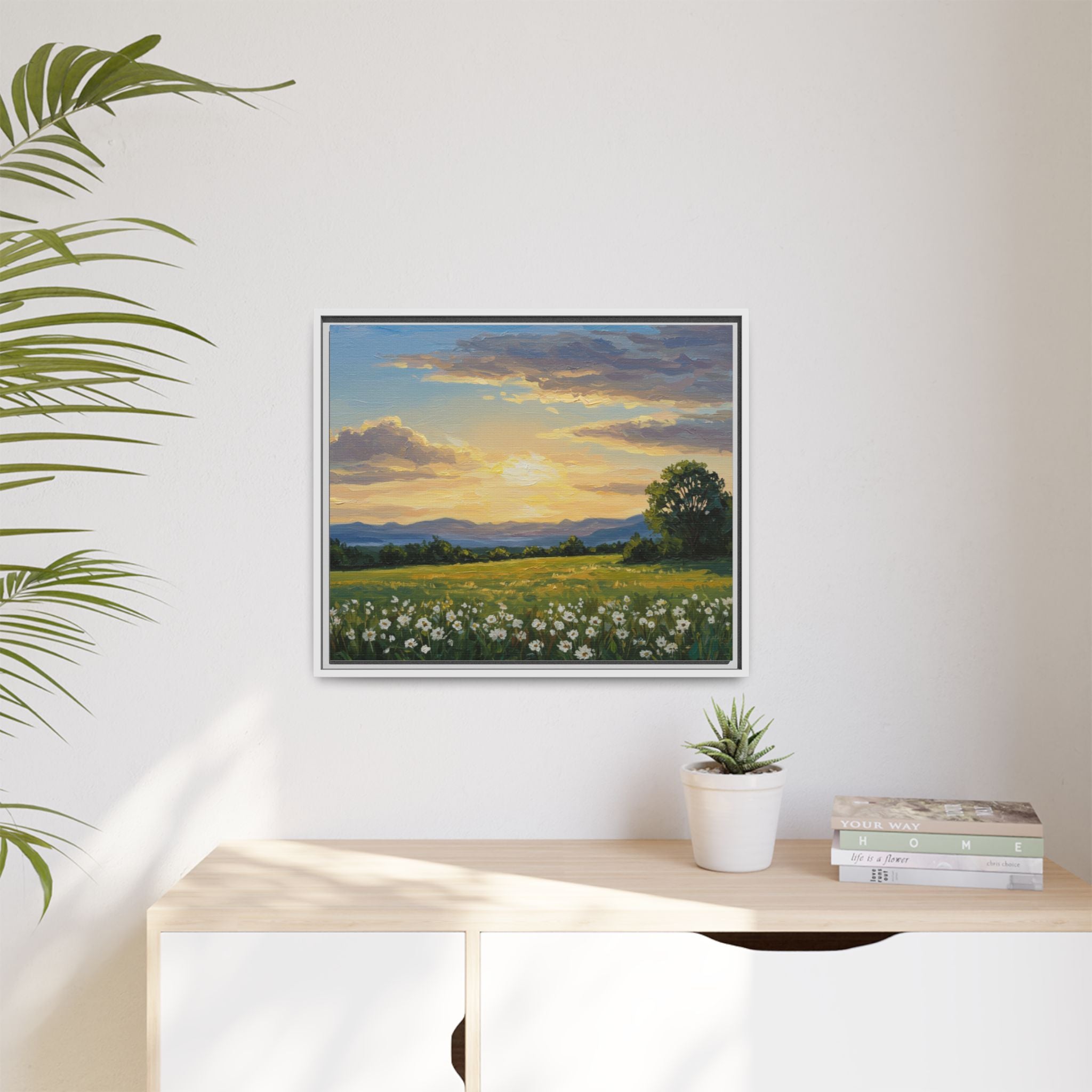 Framed Art Print, Landscape Wall Decor, Nature Artwork, Gift for Home, Floral Canvas, Sunset Scene, Living Room Decor