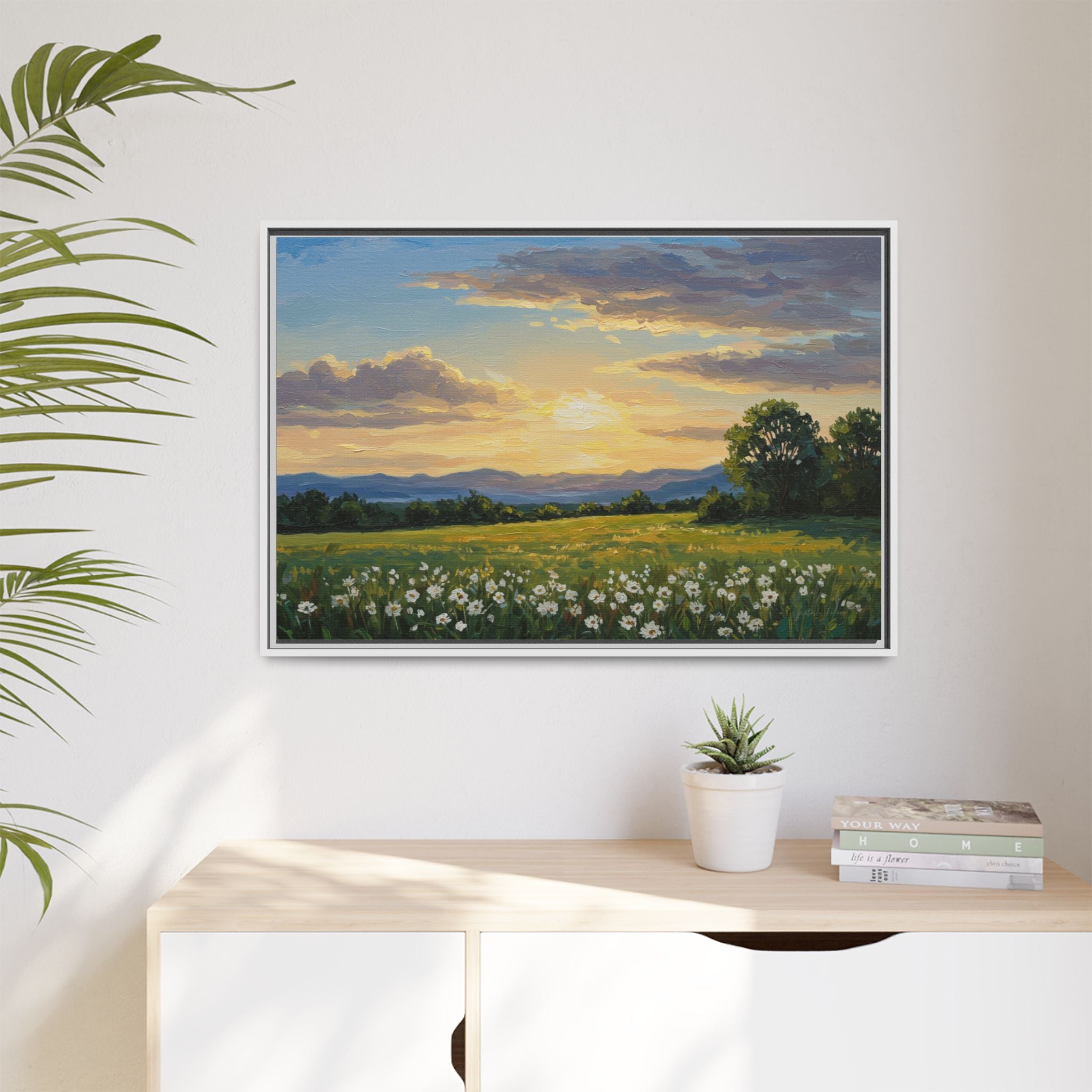 Framed Art Print, Landscape Wall Decor, Nature Artwork, Gift for Home, Floral Canvas, Sunset Scene, Living Room Decor