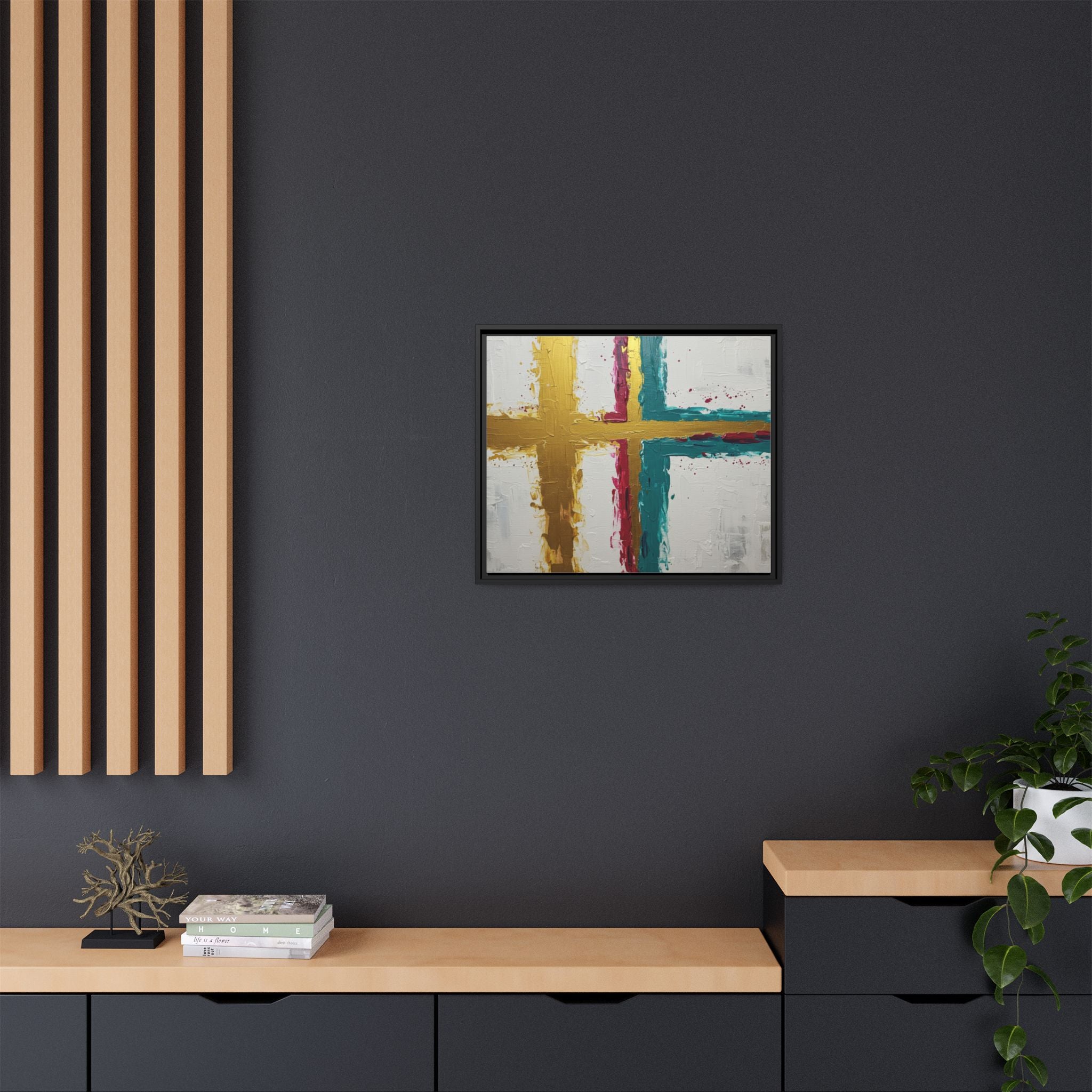 Golden Harmony – Modern Abstract Cross Canvas, Faith-Inspired Christian Wall Art, Contemporary Home Decor, Framed Matte Canvas Art , Unique Gift for Faith Lovers.