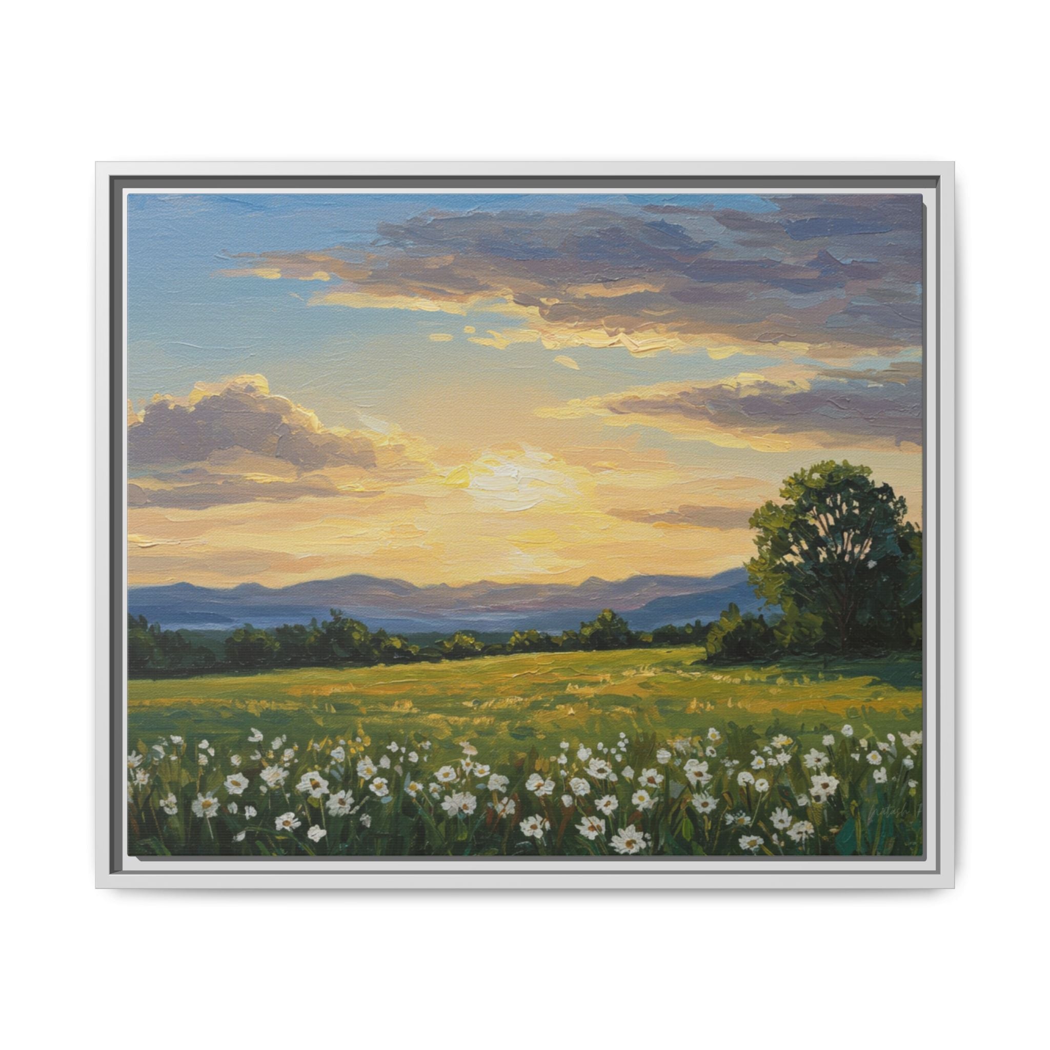 Framed Art Print, Landscape Wall Decor, Nature Artwork, Gift for Home, Floral Canvas, Sunset Scene, Living Room Decor