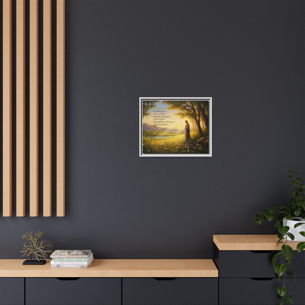 Framed Psalm 91:4 Wall Art, Inspirational Christian Canvas Print, Serenity Home Decor, Religious Gift Idea