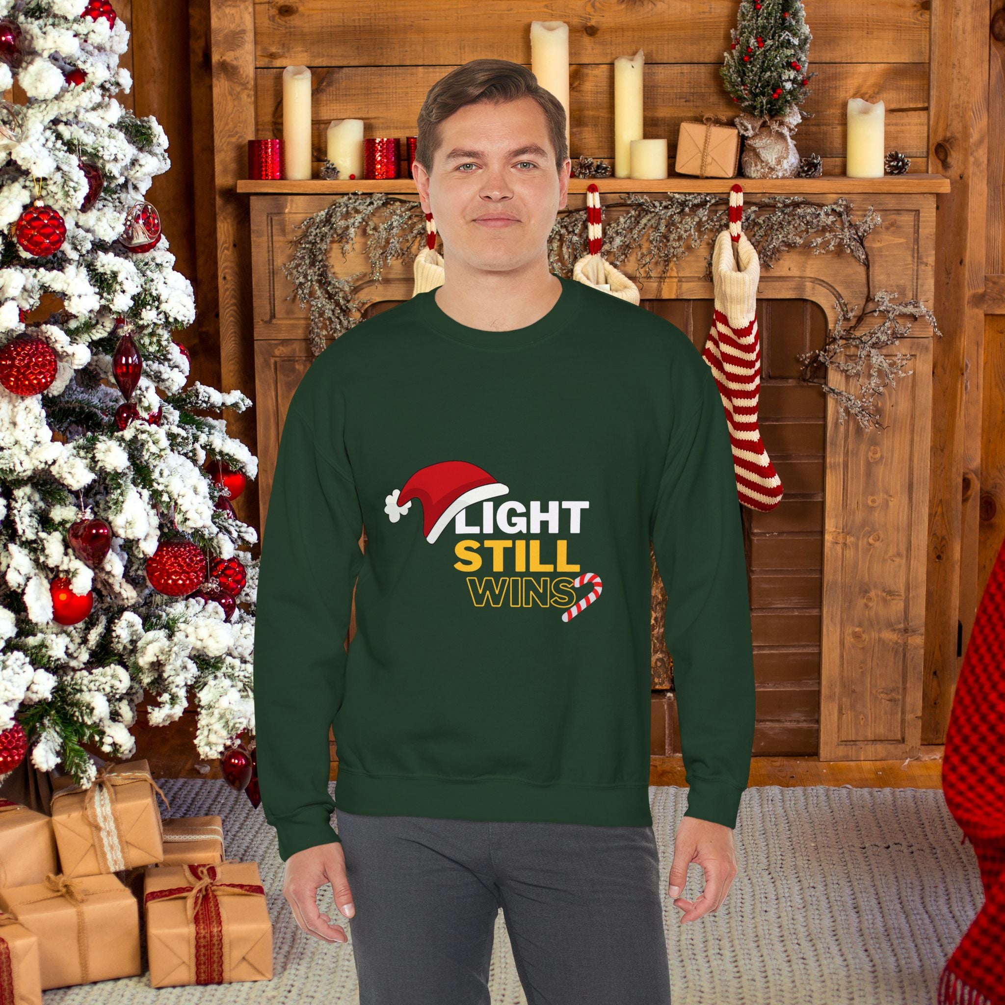 Festive Holiday Sweatshirt with 'LIGHT STILL WINS' Design, Cozy Winter Wear, Perfect for Christmas, Gifts, Casual Look, Unisex Sweater