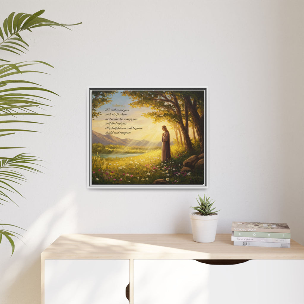 Framed Psalm 91:4 Wall Art, Inspirational Christian Canvas Print, Serenity Home Decor, Religious Gift Idea