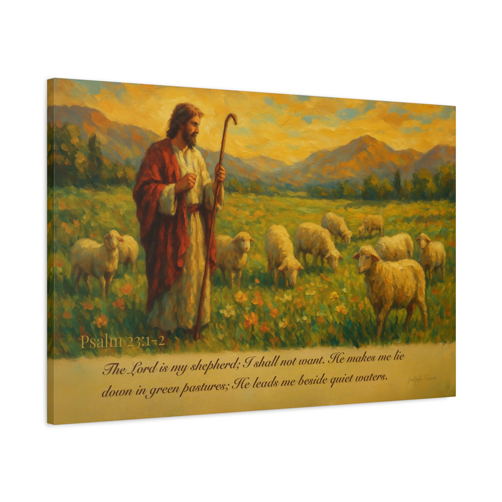 Psalm 23 Matte Canvas Art, Stretched Wall Decor for Home, Inspirational Christian Artwork, Shepherd Painting, Faith-Based Gift