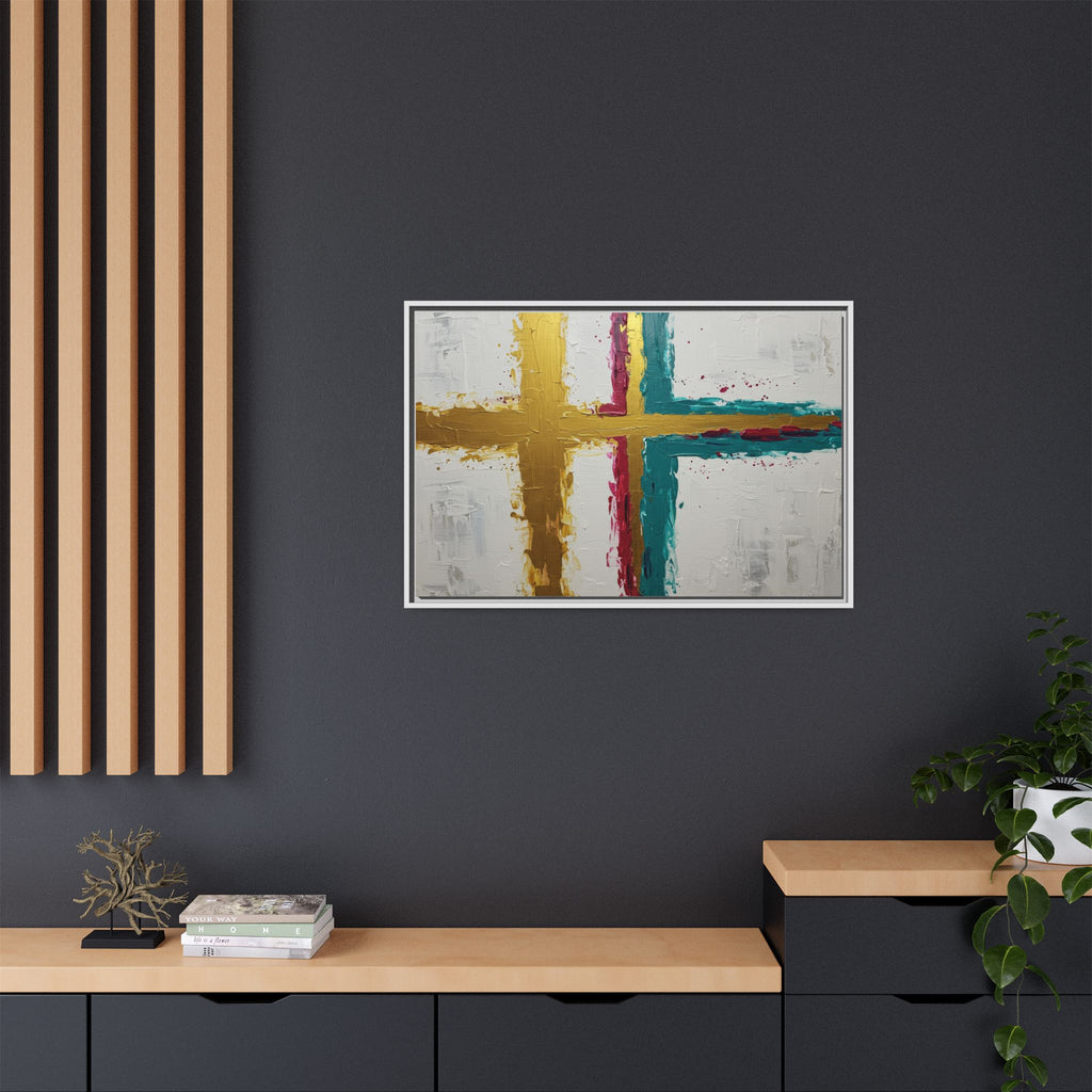 Golden Harmony – Modern Abstract Cross Canvas, Faith-Inspired Christian Wall Art, Contemporary Home Decor, Framed Matte Canvas Art , Unique Gift for Faith Lovers.