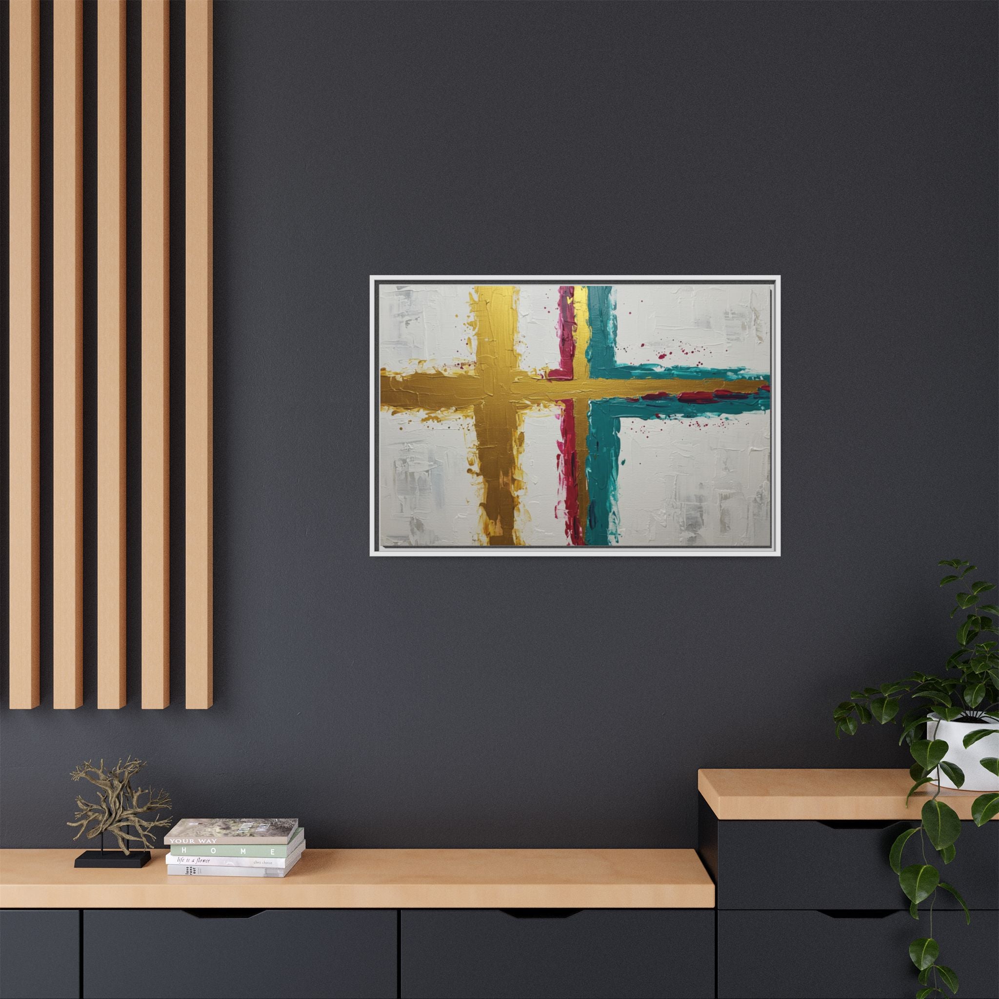 Golden Harmony – Modern Abstract Cross Canvas, Faith-Inspired Christian Wall Art, Contemporary Home Decor, Framed Matte Canvas Art , Unique Gift for Faith Lovers.