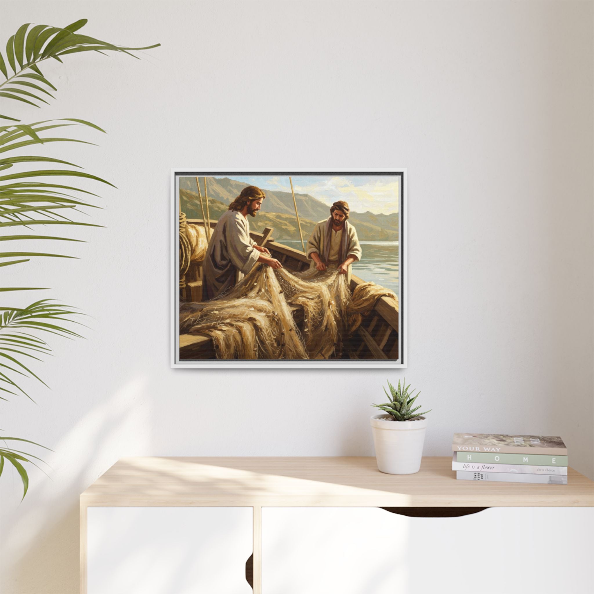 Framed Art Print, Jesus and Fishermen Scene, Spiritual Home Decor, Faith-Based Gift, Religious Wall Art, Christian Art