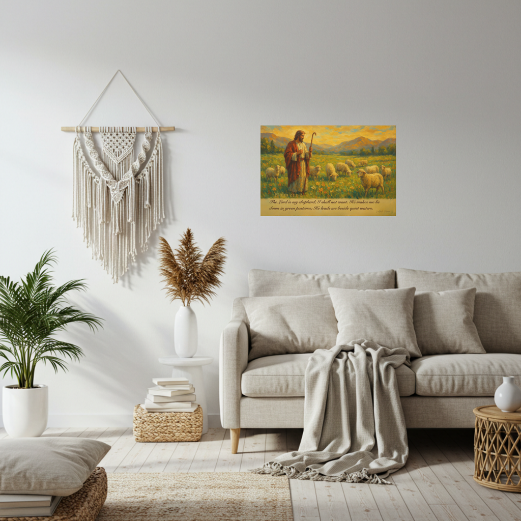 Psalm 23 Matte Canvas Art, Stretched Wall Decor for Home, Inspirational Christian Artwork, Shepherd Painting, Faith-Based Gift