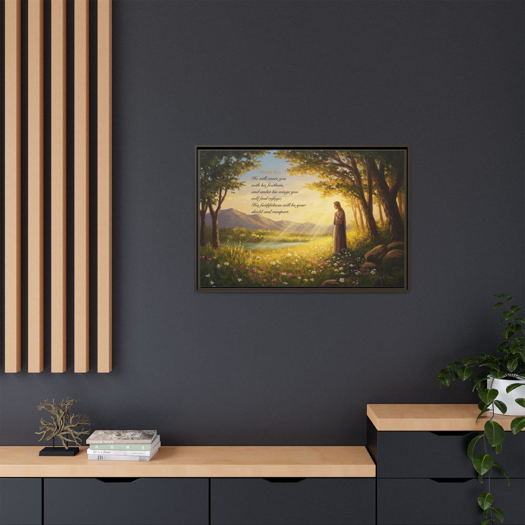 Framed Psalm 91:4 Wall Art, Inspirational Christian Canvas Print, Serenity Home Decor, Religious Gift Idea