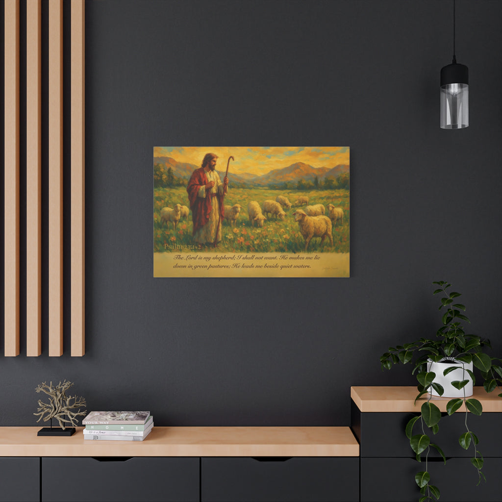 Psalm 23 Matte Canvas Art, Stretched Wall Decor for Home, Inspirational Christian Artwork, Shepherd Painting, Faith-Based Gift