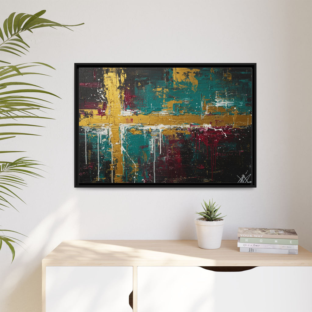Cross of Light – Modern Christian Wall Art, Abstract Gold Cross Canvas, Faith-Inspired Home Decor, Matte Canvas, Framed (Multi-color)
