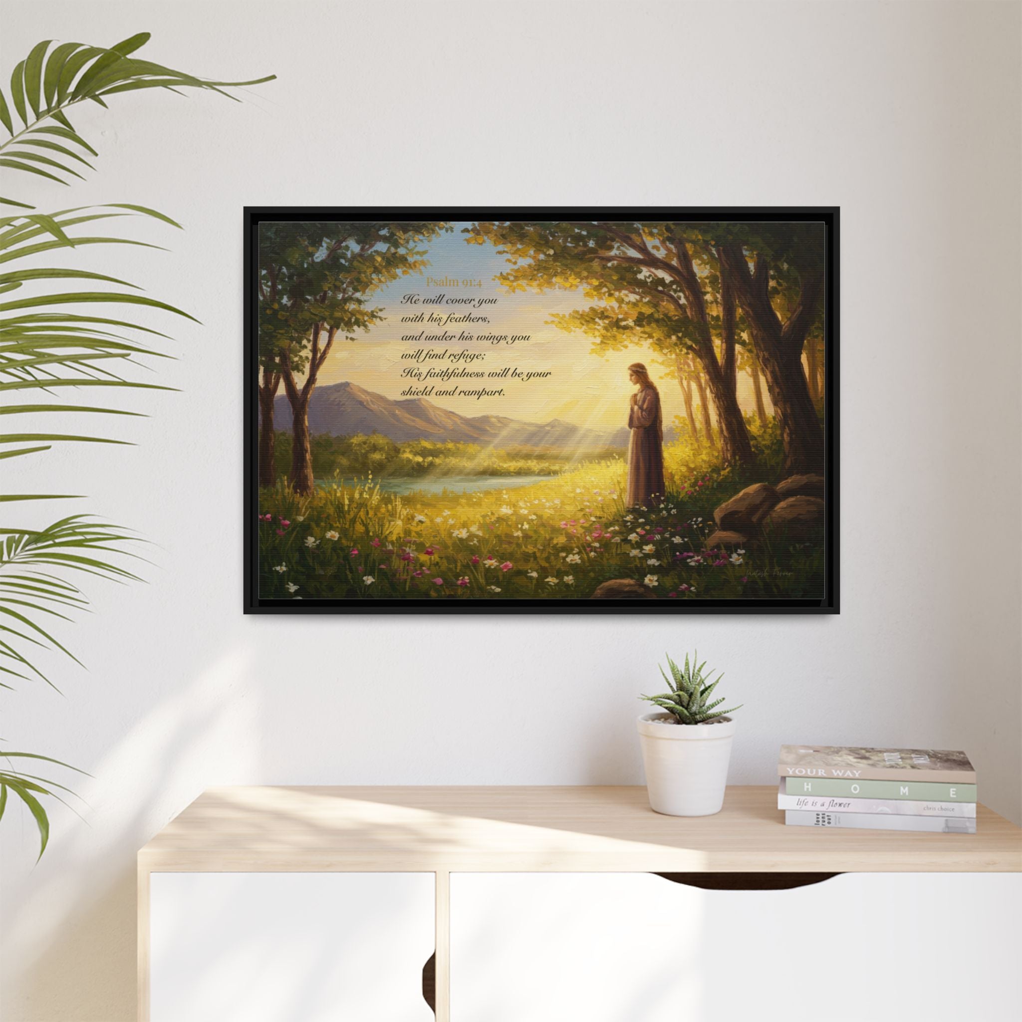 Framed Psalm 91:4 Wall Art, Inspirational Christian Canvas Print, Serenity Home Decor, Religious Gift Idea