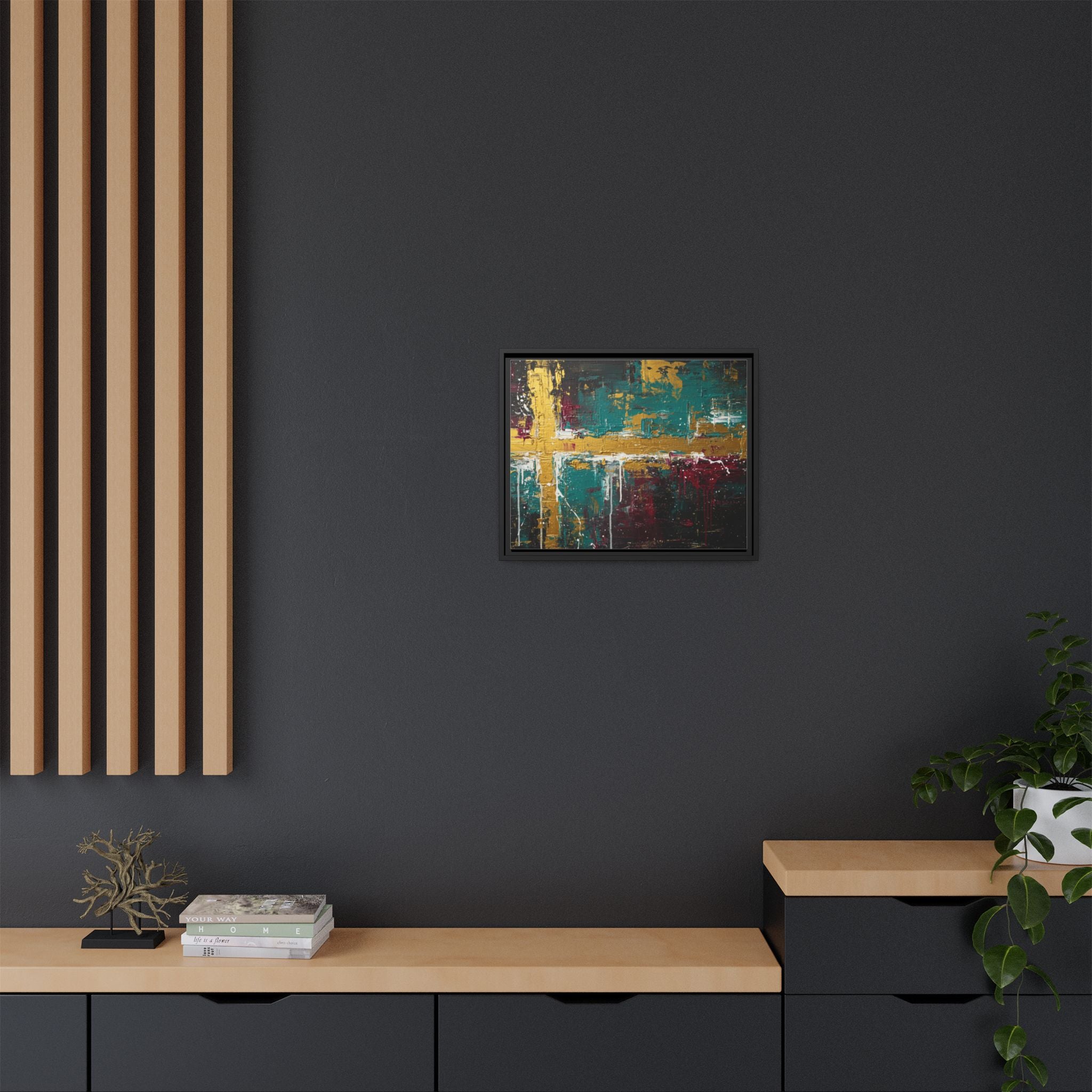 Cross of Light – Modern Christian Wall Art, Abstract Gold Cross Canvas, Faith-Inspired Home Decor, Matte Canvas, Framed (Multi-color)