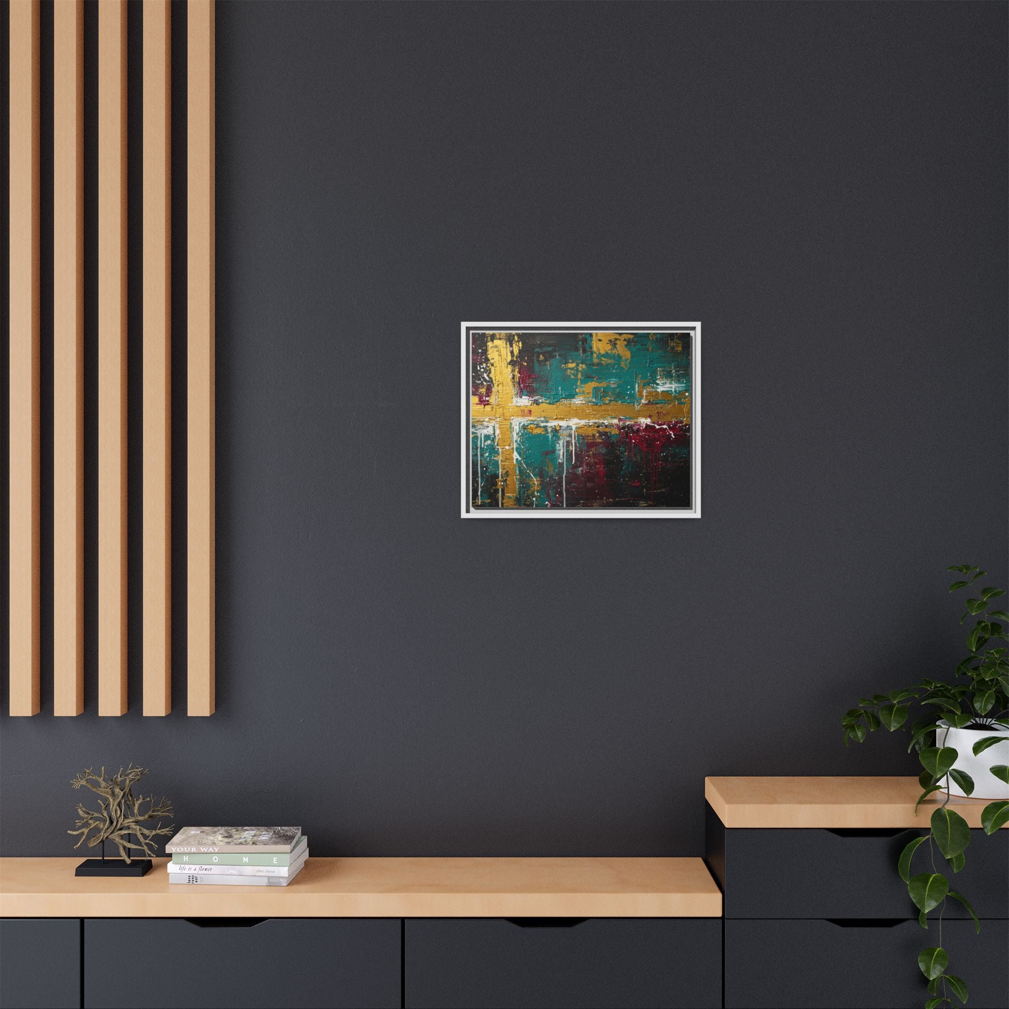 Cross of Light – Modern Christian Wall Art, Abstract Gold Cross Canvas, Faith-Inspired Home Decor, Matte Canvas, Framed (Multi-color)