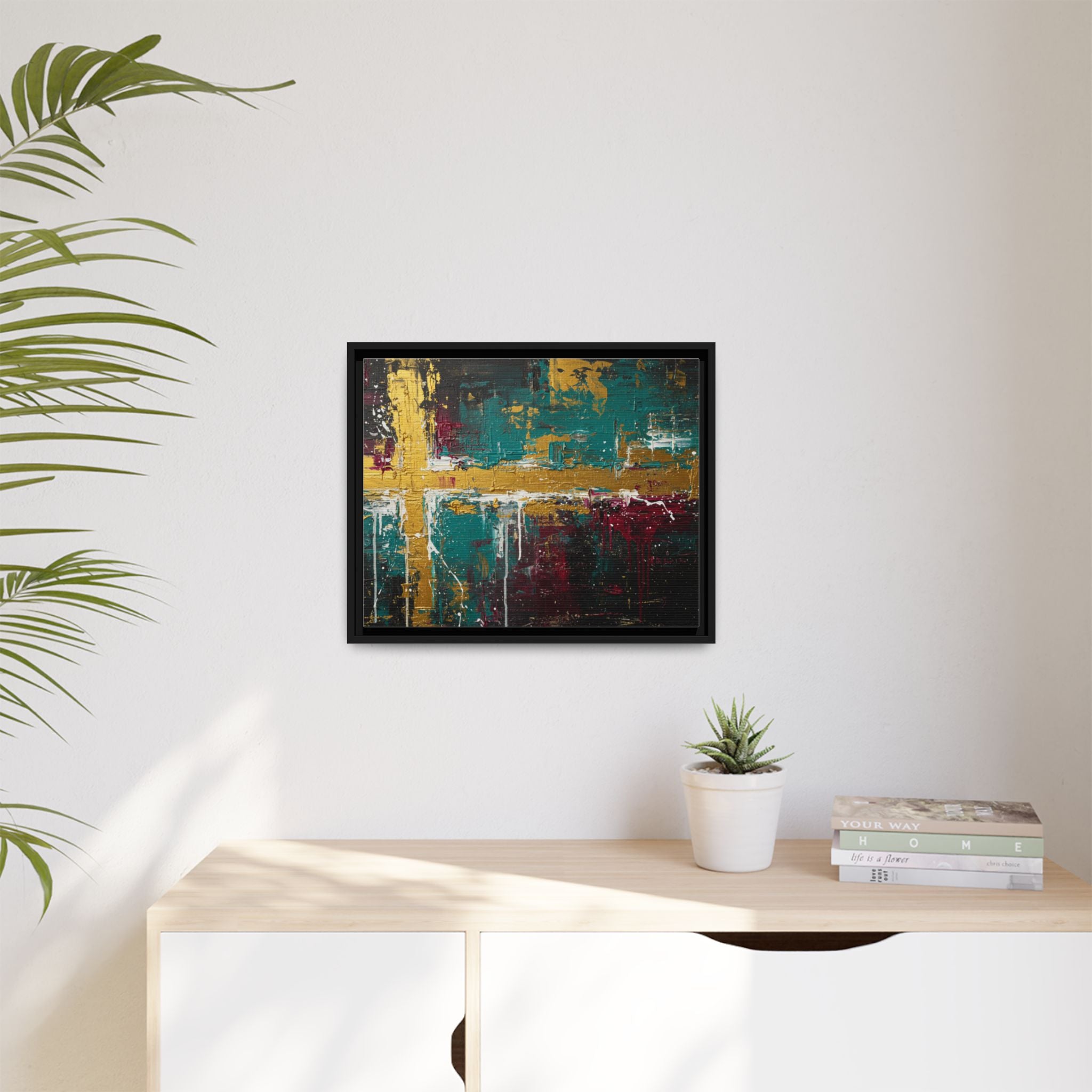 Cross of Light – Modern Christian Wall Art, Abstract Gold Cross Canvas, Faith-Inspired Home Decor, Matte Canvas, Framed (Multi-color)