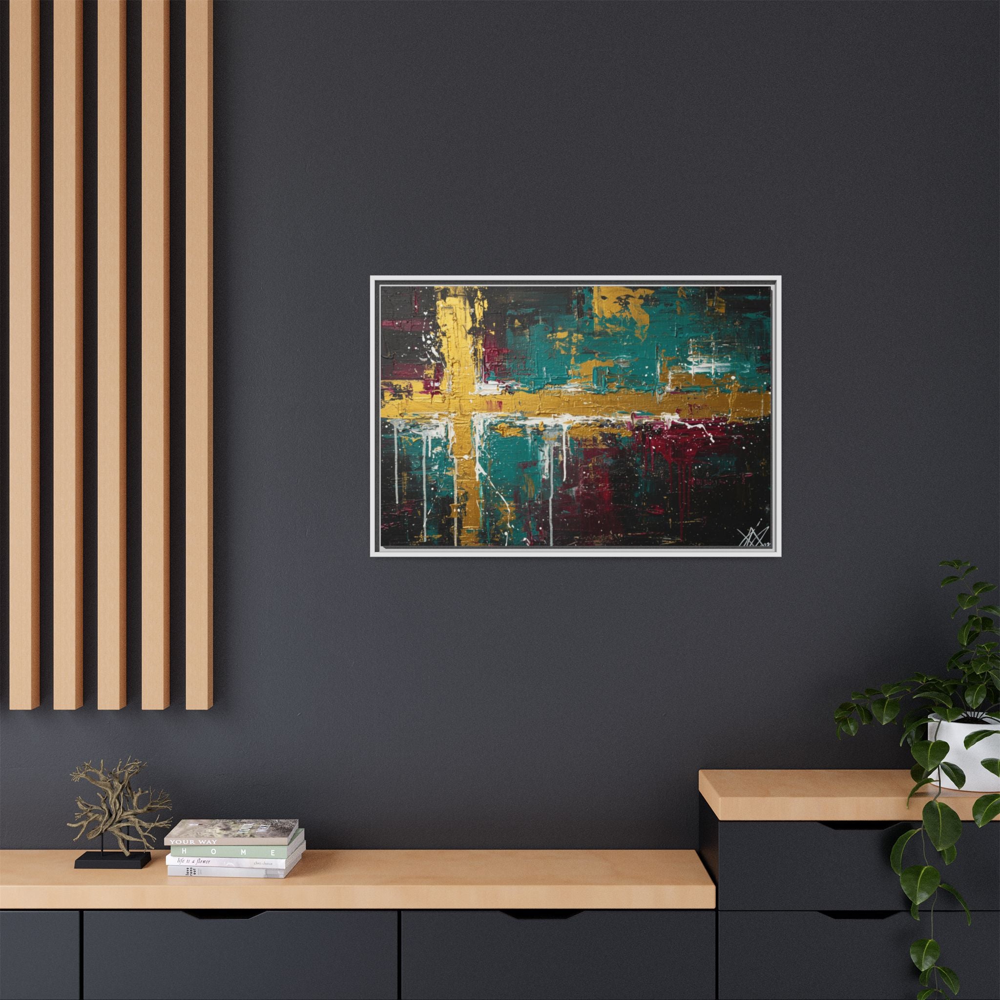 Cross of Light – Modern Christian Wall Art, Abstract Gold Cross Canvas, Faith-Inspired Home Decor, Matte Canvas, Framed (Multi-color)